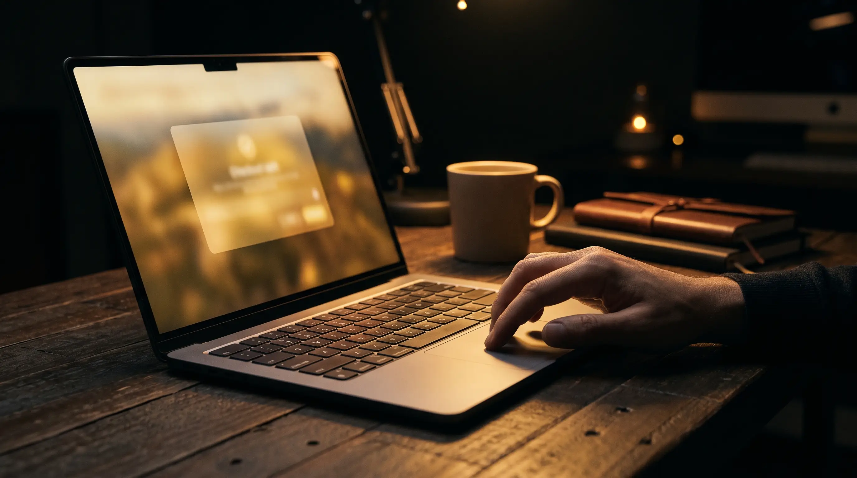 Laptop em uma mesa escura à noite, tela com luz dourada de uma interface de checkout desfocada, dedo pairando sobre o trackpad antes de clicar