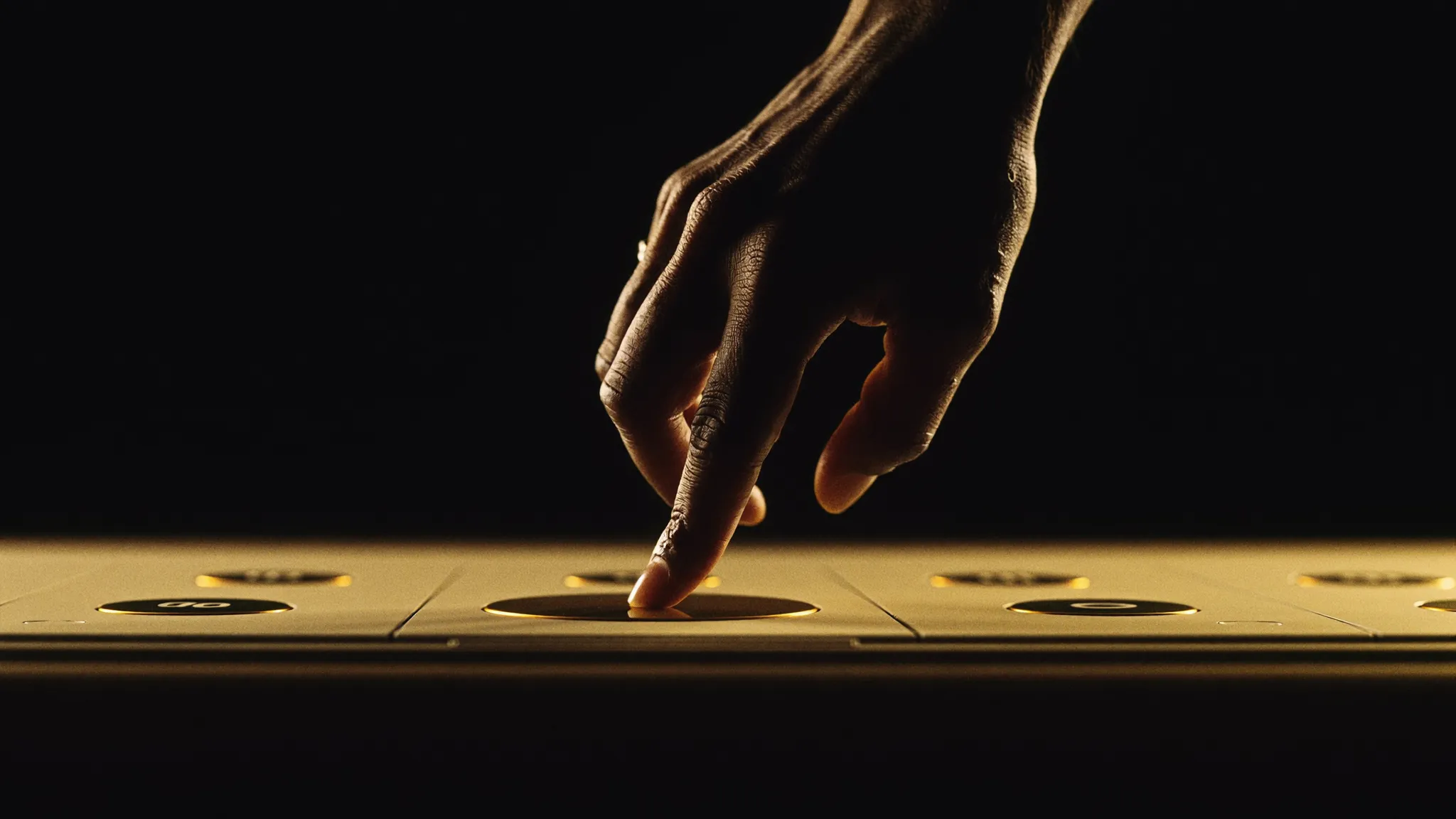 Mão hesitando sobre um botão dourado iluminado em um painel escuro, metáfora do momento de indecisão antes da compra
