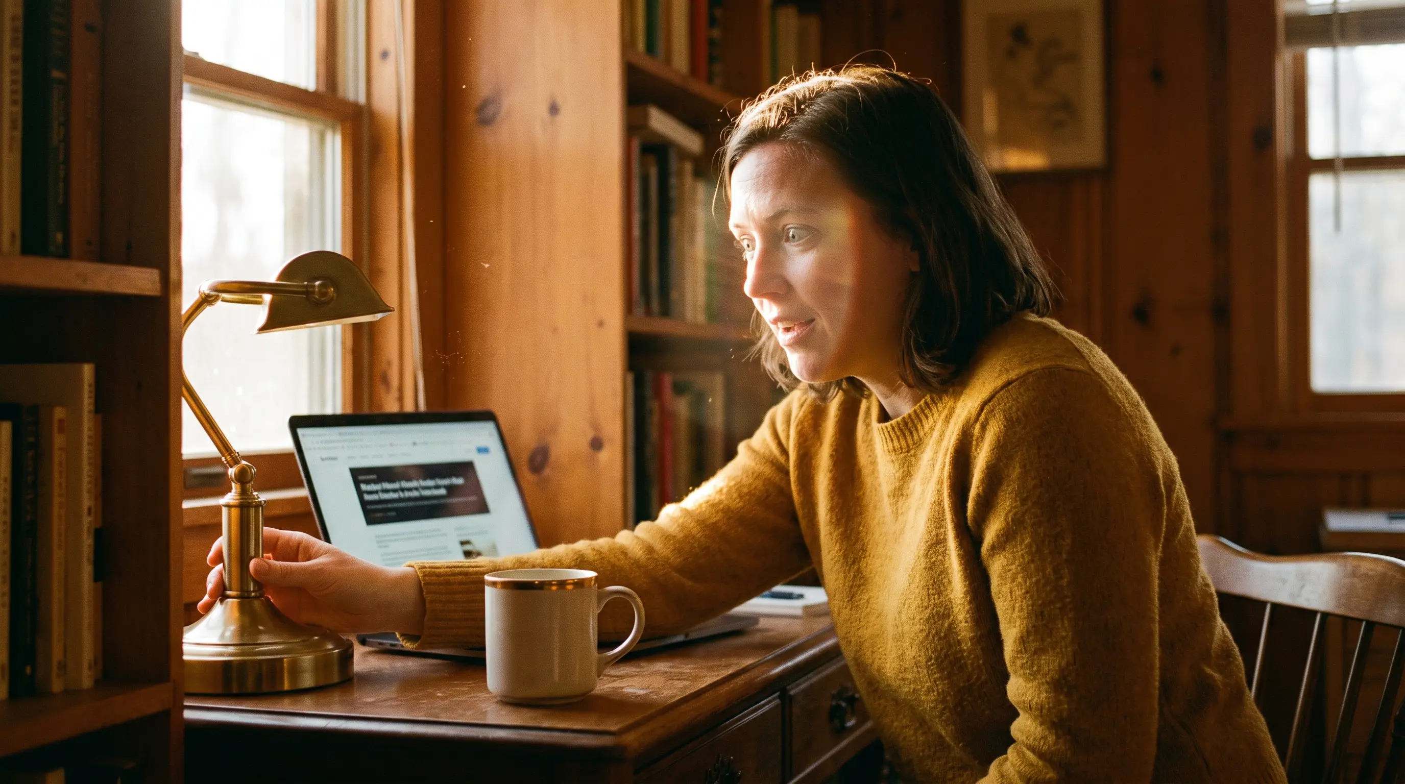 Mulher em home office com luz dourada de fim de tarde, olhando para a tela do laptop com expressão de descoberta e realização