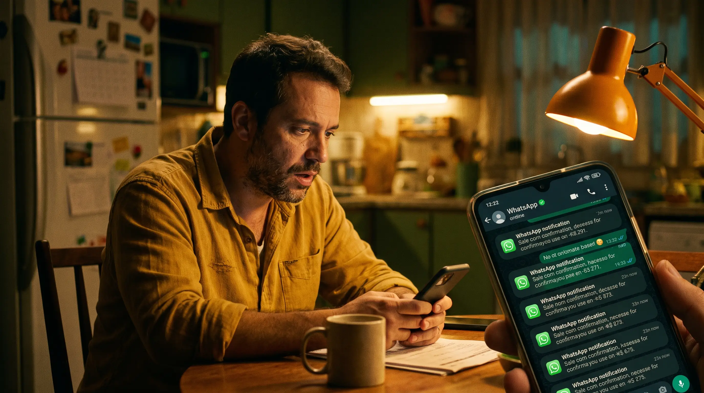 Empreendedor à mesa da cozinha à noite, olhando para o celular com expressão de espanto ao ver notificações de venda no WhatsApp, luz âmbar e dourada