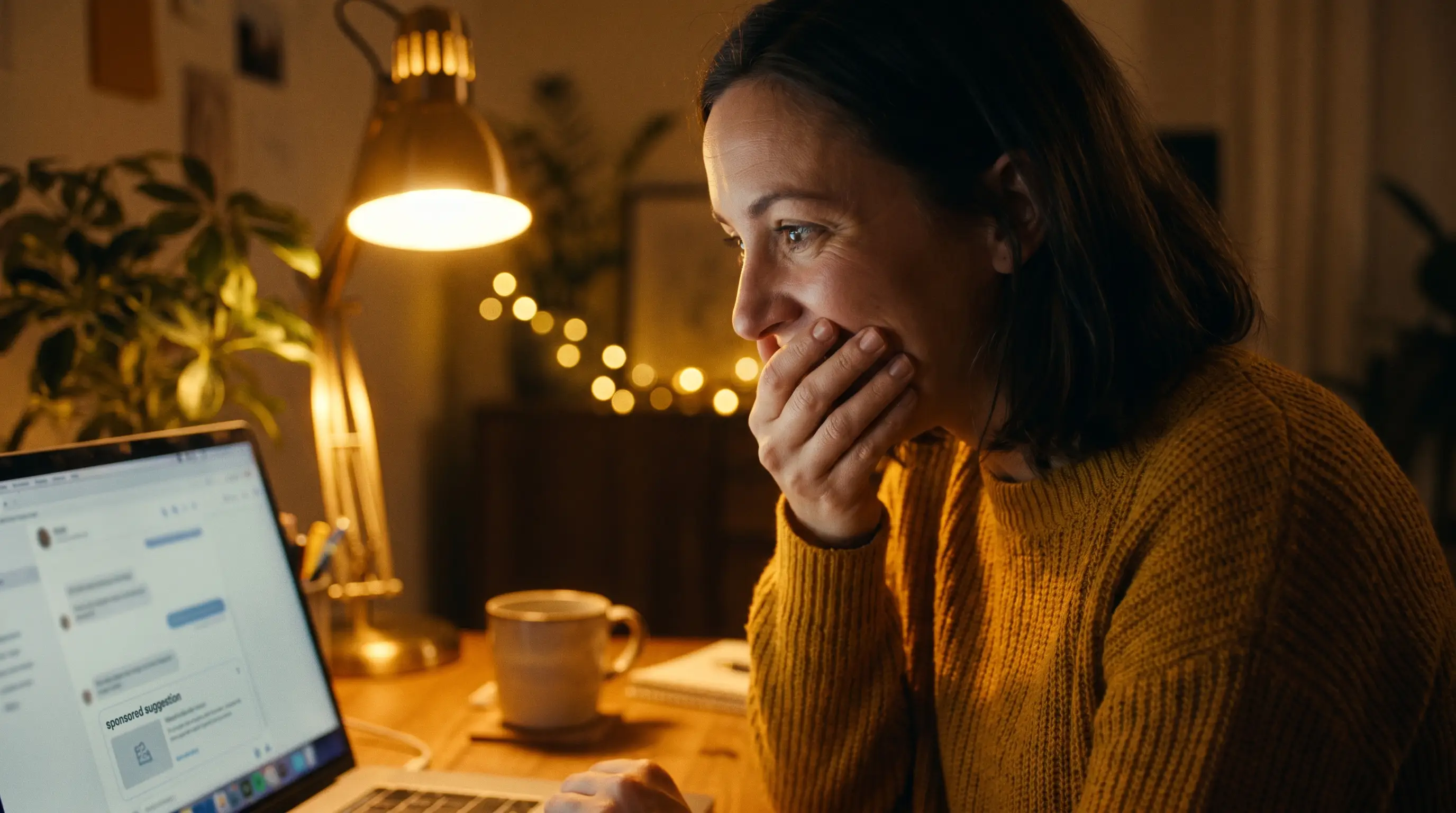 Mulher em home office à noite se inclinando para a tela do laptop com expressão de descoberta ao ver uma resposta patrocinada no ChatGPT