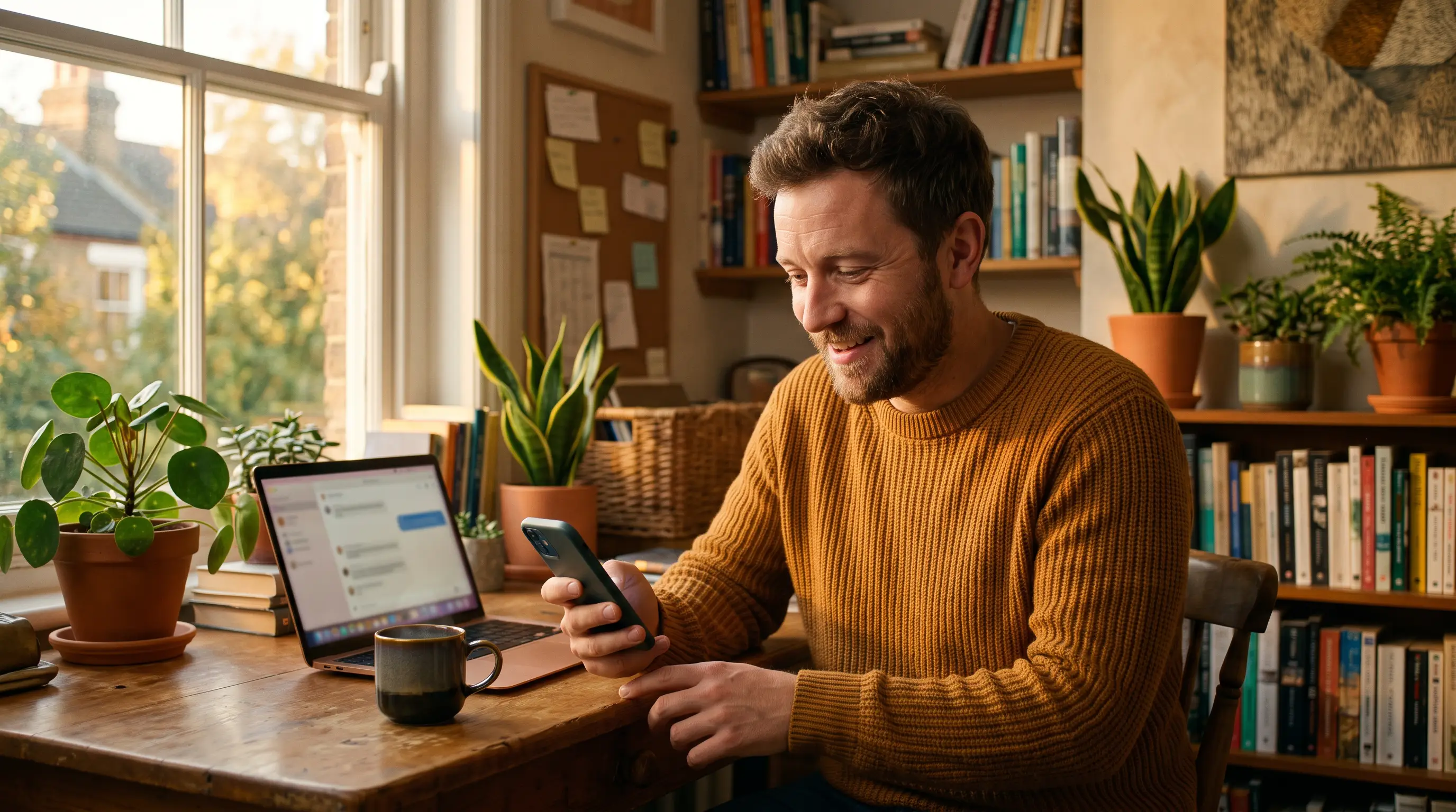 Dono de pequeno negócio em home office ao entardecer olhando o celular com expressão de surpresa e alívio ao ver a resposta de um cliente que estava sumido