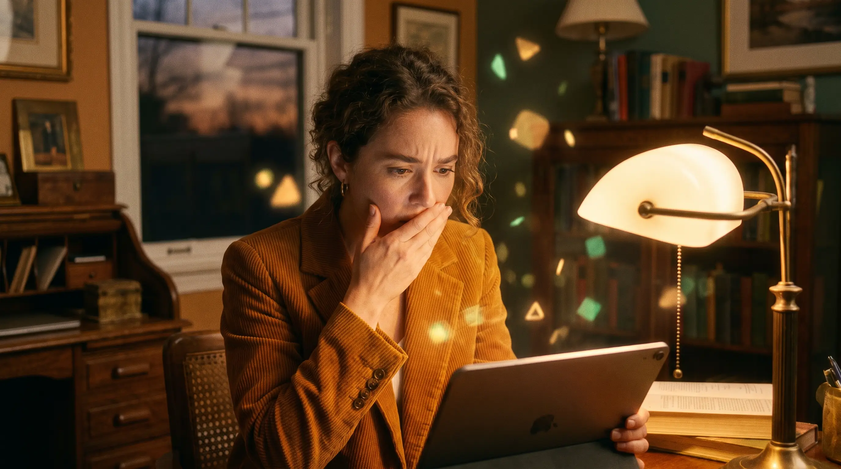 Empreendedora observa em um tablet o mapa do próprio funil de vendas enquanto ícones de agentes de IA circulam ao redor, em cena cinematográfica com luz quente e dourada
