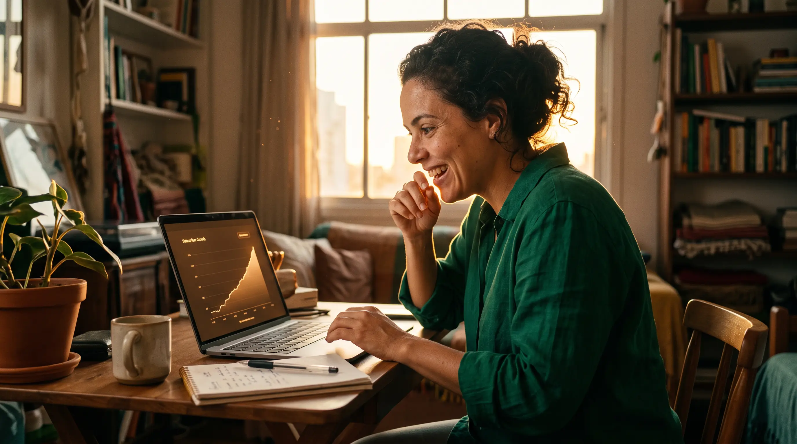 Empreendedora sorrindo ao ver o painel de assinantes crescendo na tela do notebook, em estúdio com luz quente e detalhes dourados