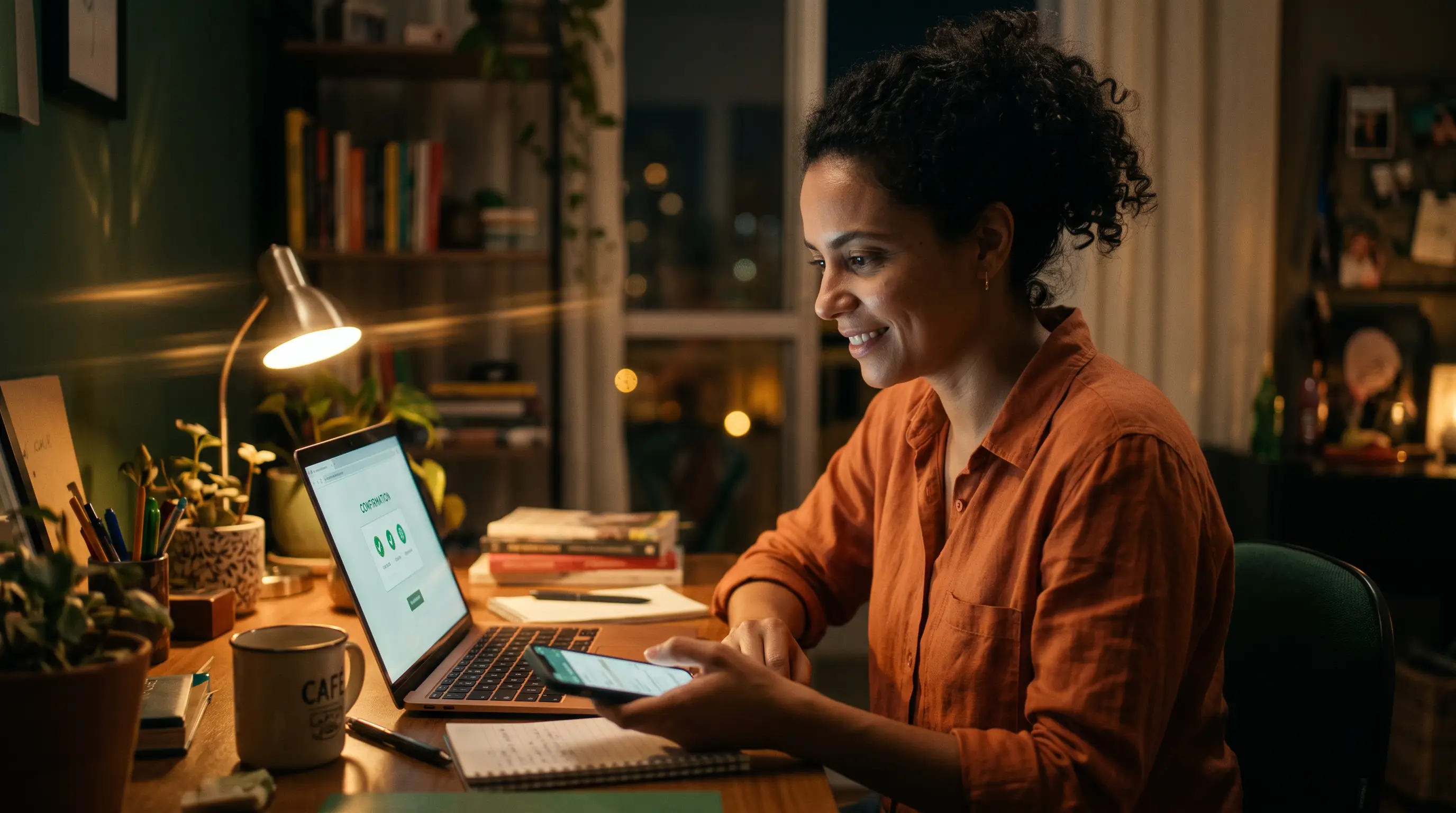 Empreendedora em home office ao entardecer olhando o laptop com expressão de alívio ao ver a confirmação de um pagamento recuperado