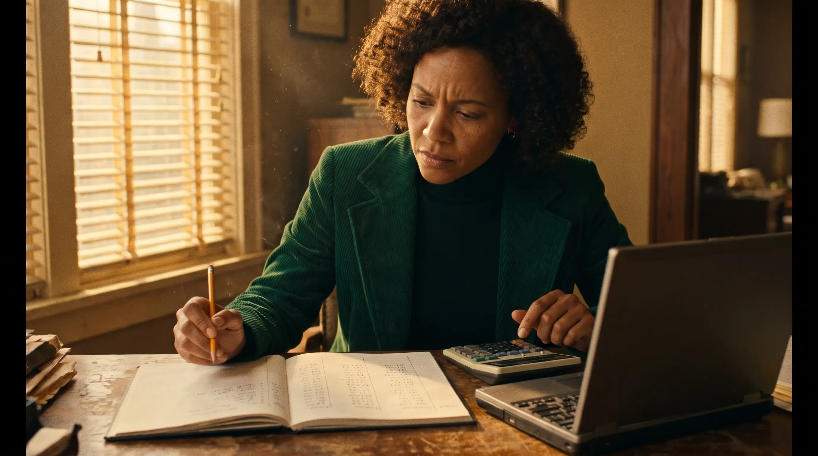 Mulher em blazer verde esmeralda olhando para um caderno com colunas de números anotadas à mão, ao lado de uma calculadora e um laptop, em um escritório iluminado pela luz dourada do fim de tarde