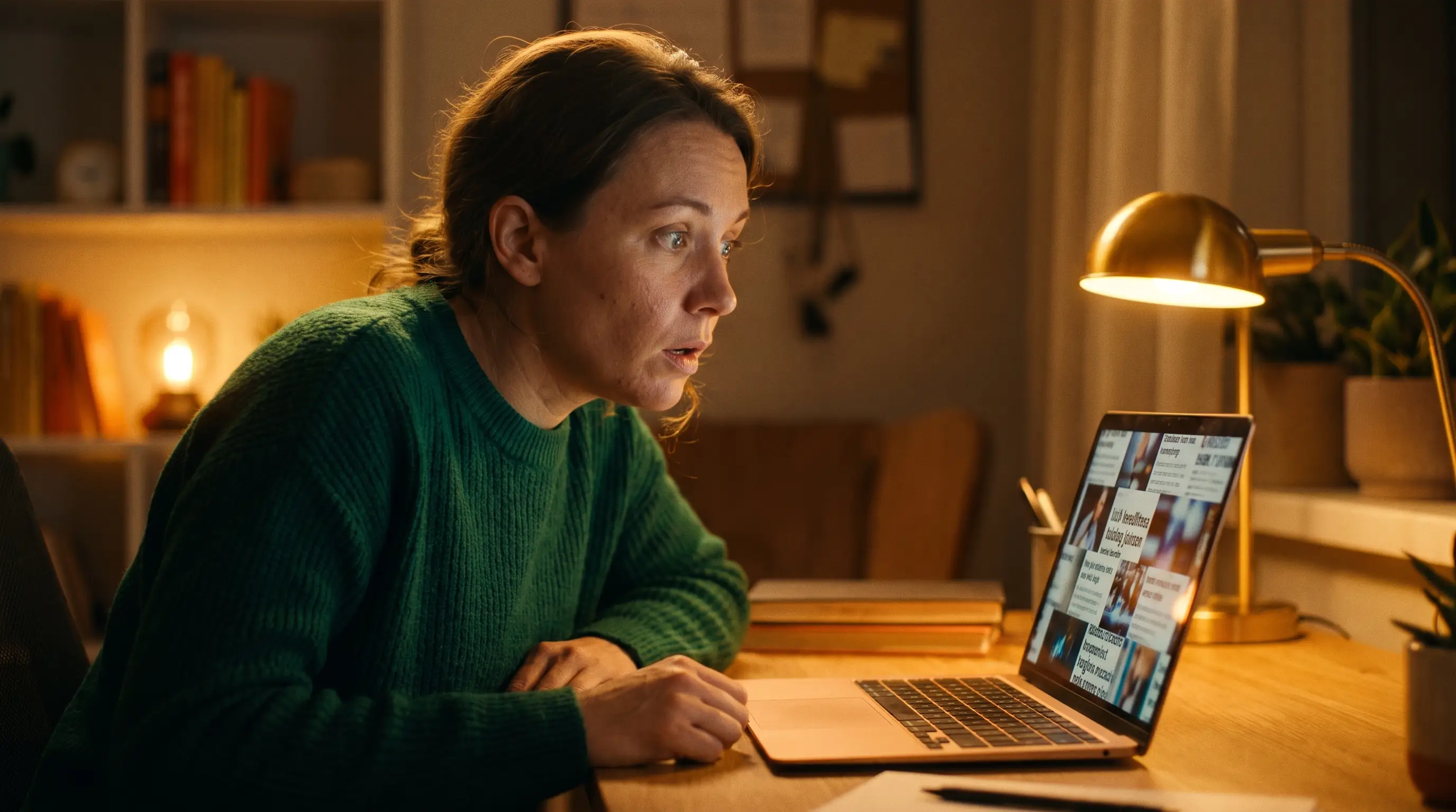 Estrategista de marketing observa, à noite, um anúncio se remontando sozinho na tela do laptop