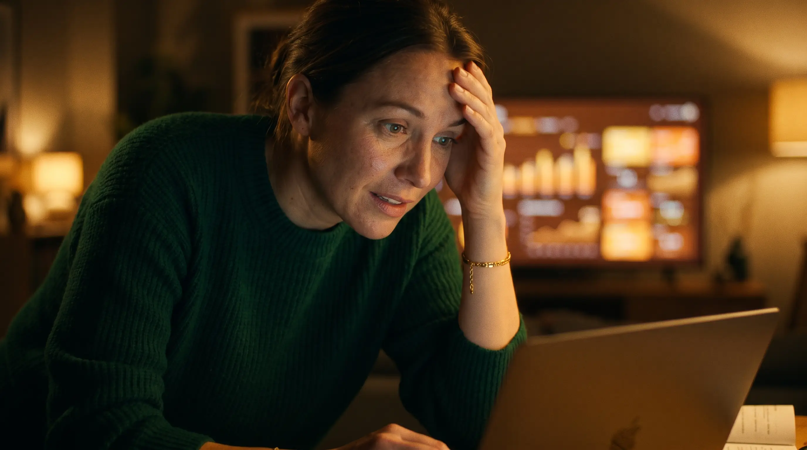 Estrategista de conteúdo tem um momento de percepção, de madrugada, ao olhar o painel de páginas geradas na tela do laptop
