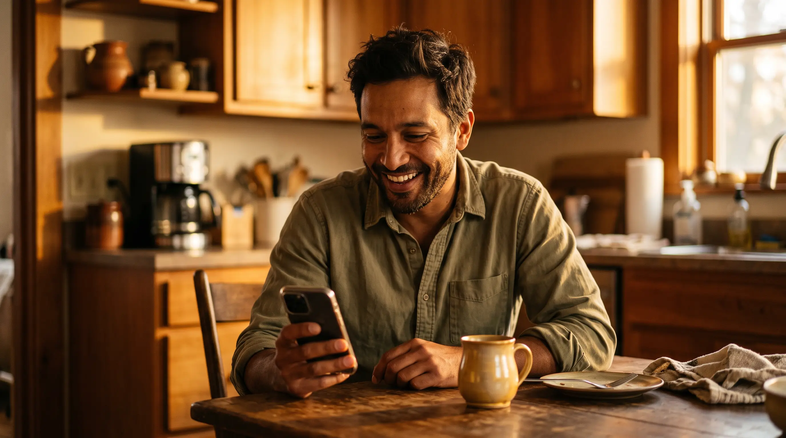 Homem sorrindo ao ler uma notificação de SMS no celular, em cozinha iluminada por luz dourada de fim de tarde