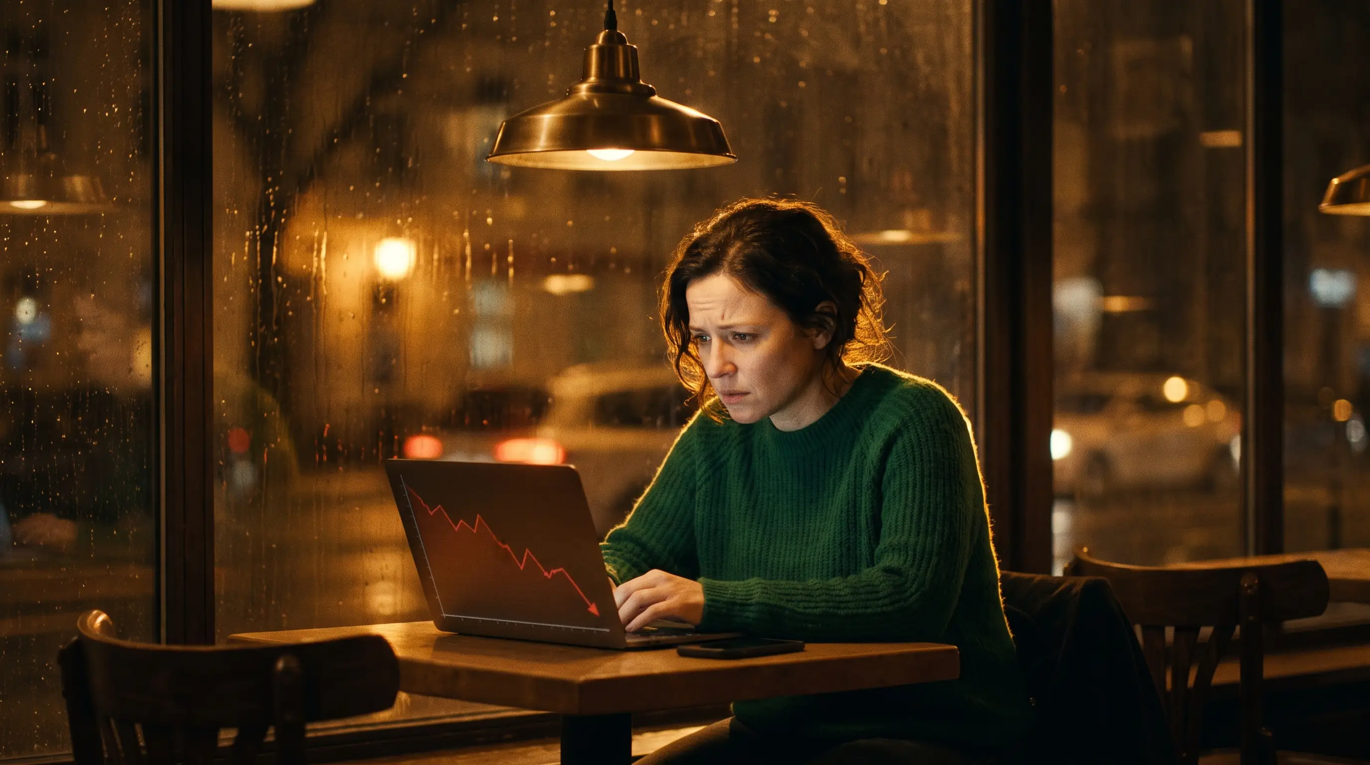 Empreendedora observa, num café à noite, o gráfico de tráfego caindo na tela do notebook, luz quente e dourada refletida no rosto