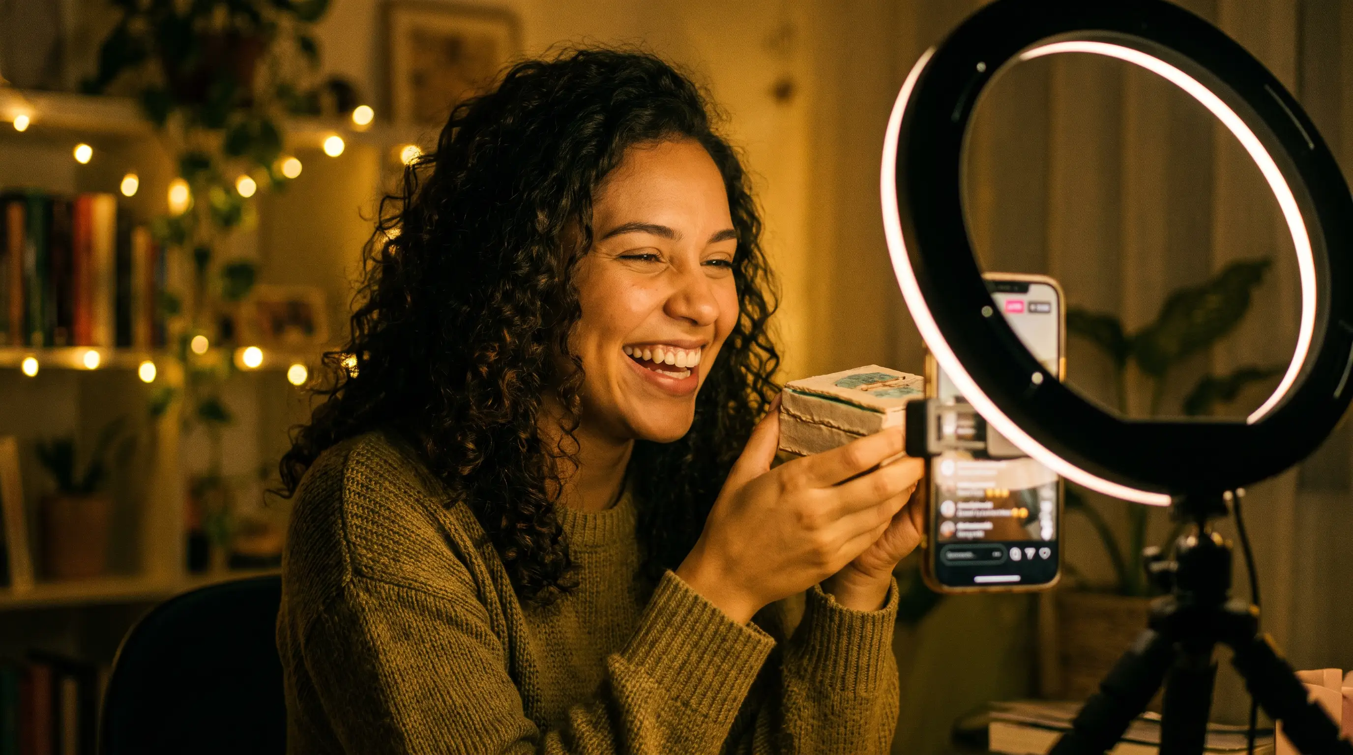 Empreendedora sorri ao vivo enquanto segura um produto perto da câmera do celular, em um pequeno estúdio caseiro à noite, luz dourada e quente