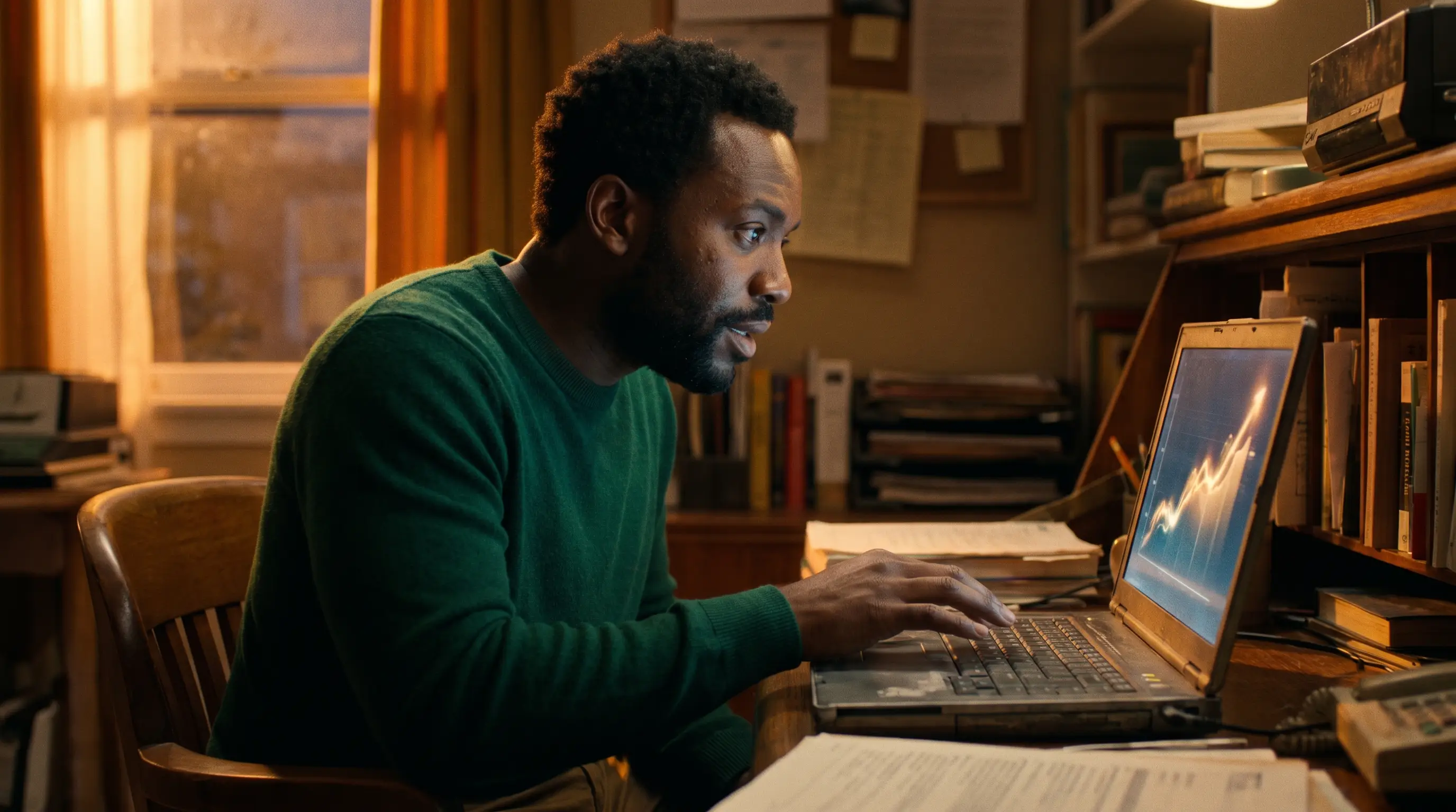 Homem em home office ao entardecer, olhando o laptop com expressão de descoberta, luz dourada e verde-esmeralda cinematográfica