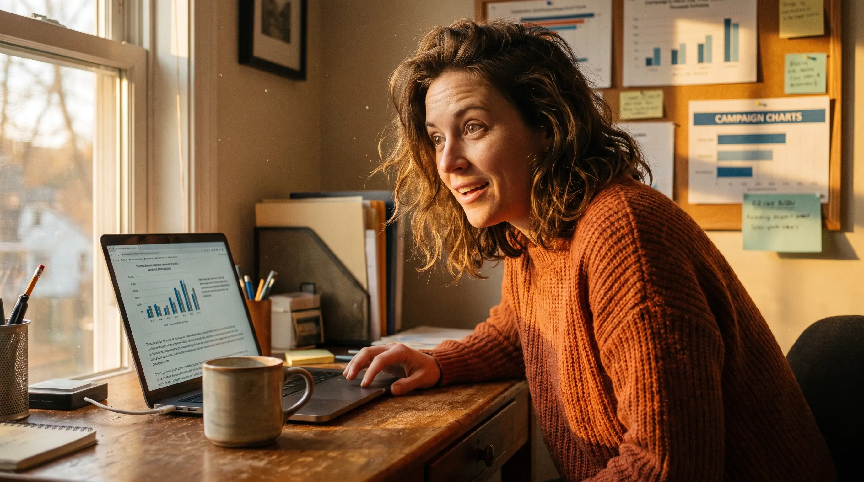 Estrategista de marketing revisando gráficos de campanha no laptop em home office iluminado por luz dourada de fim de tarde, expressão de descoberta