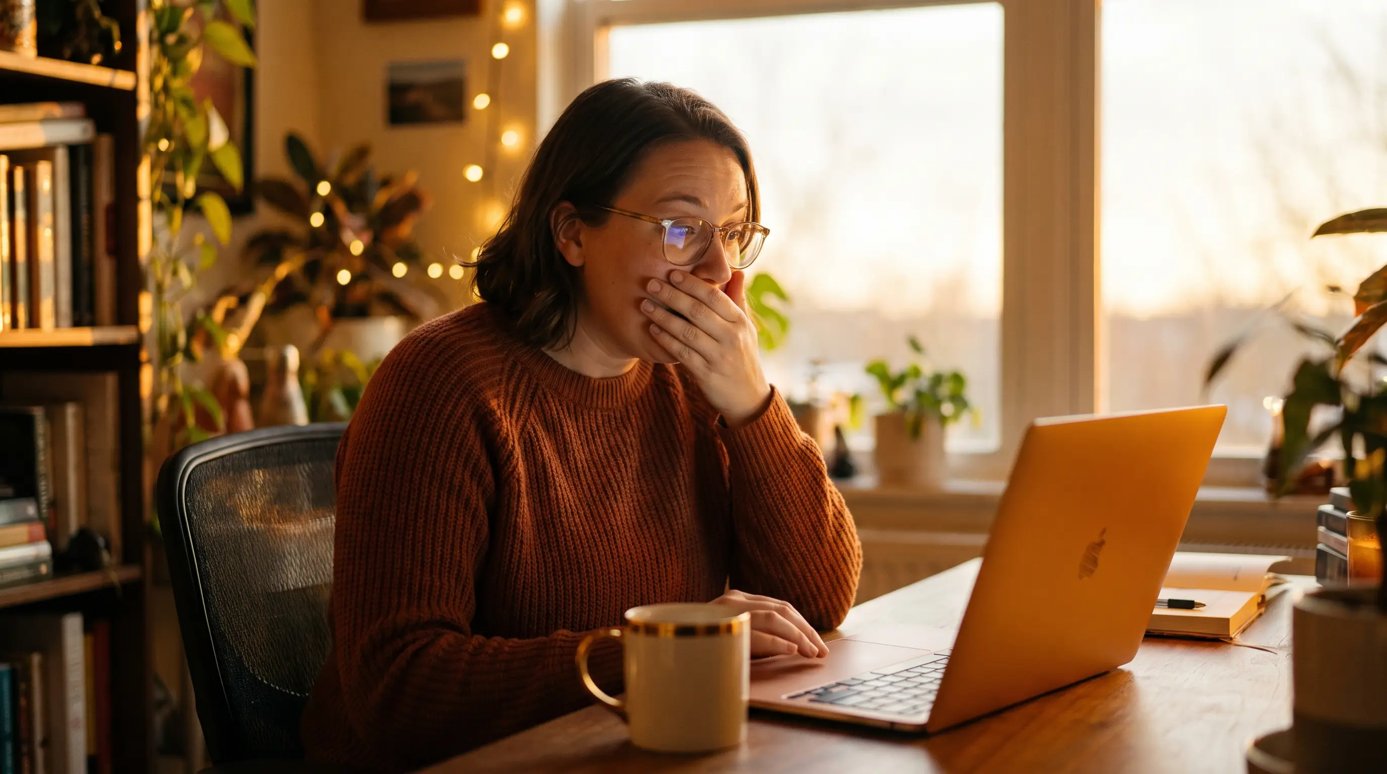 Profissional de marketing em home office ao entardecer, observando o laptop com expressão de descoberta, luz dourada cinematográfica