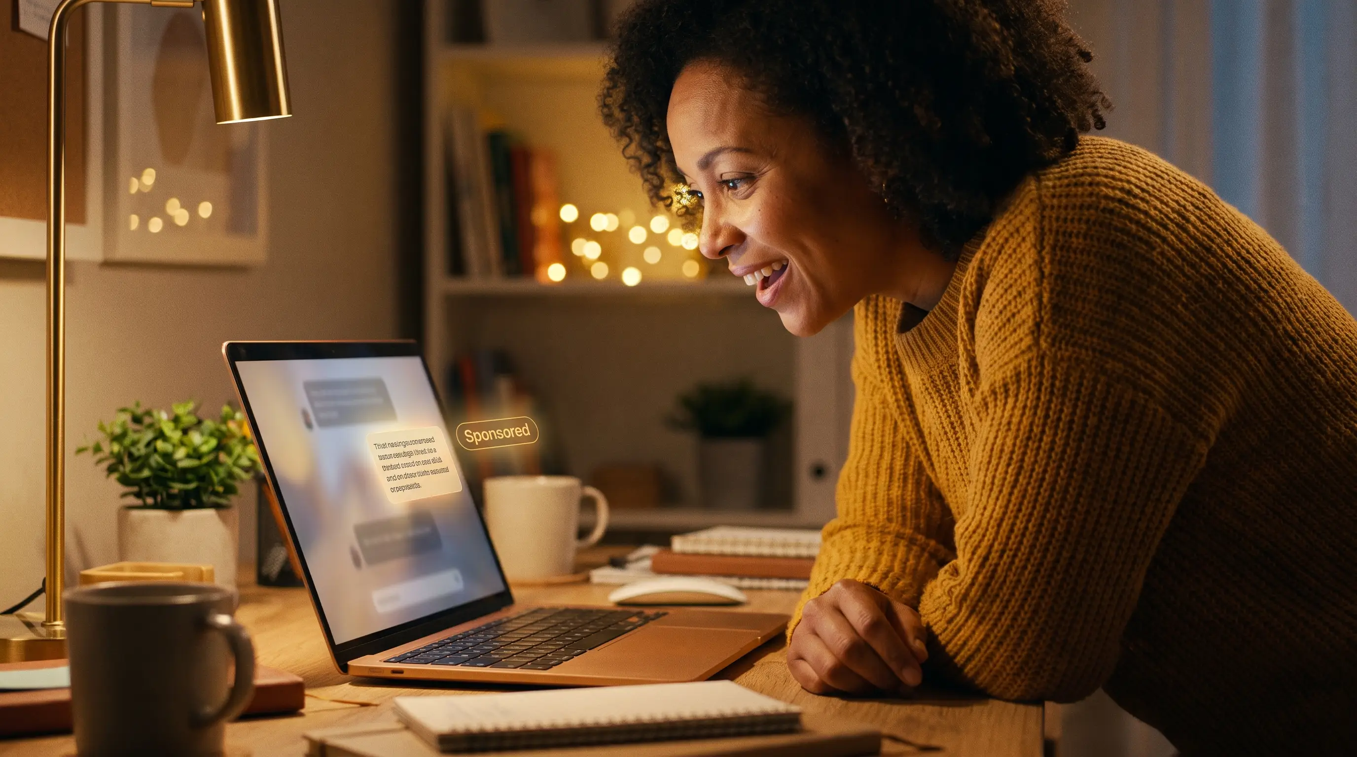 Empreendedora sorri surpresa, à noite em seu home office, ao ver o notebook brilhar em dourado com uma resposta conversacional e um anúncio patrocinado