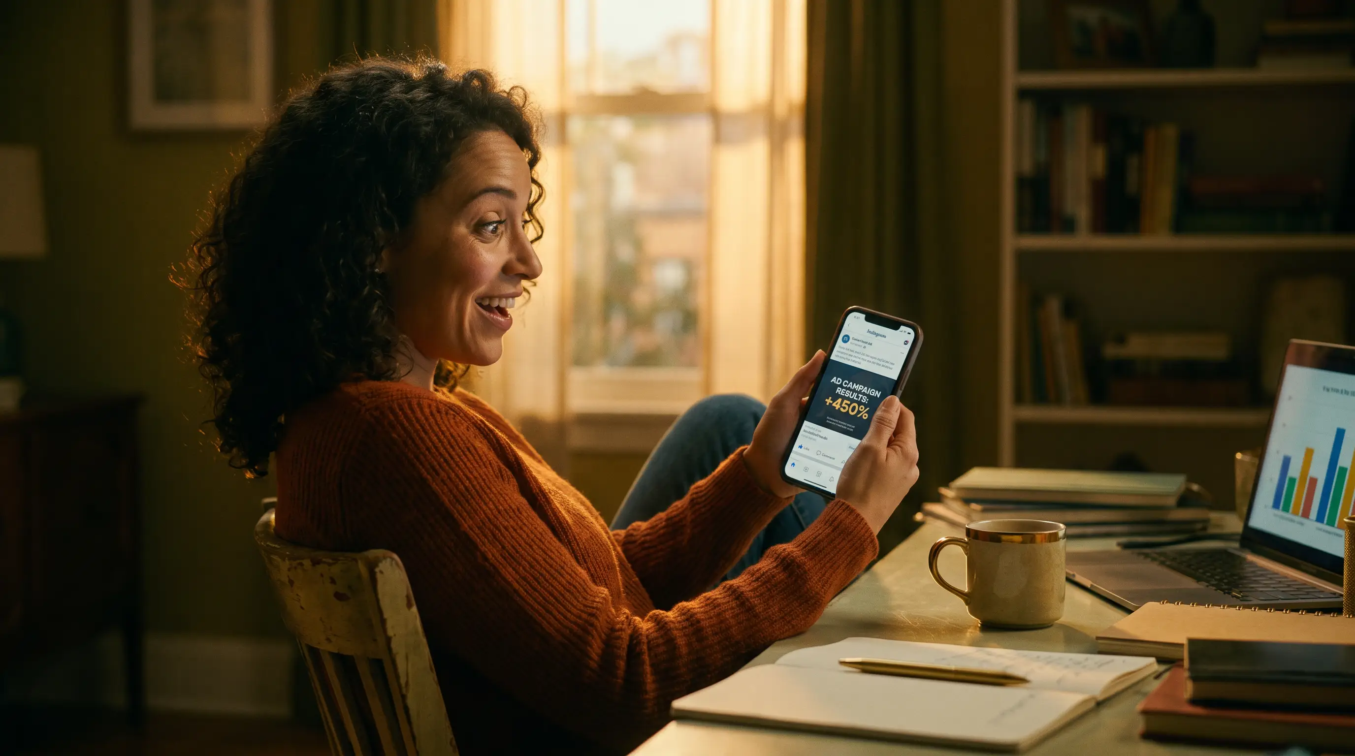 Estrategista de marketing sorri surpresa ao entardecer em seu home office, olhando o celular com o feed de anúncios enquanto o notebook mostra gráficos de campanha