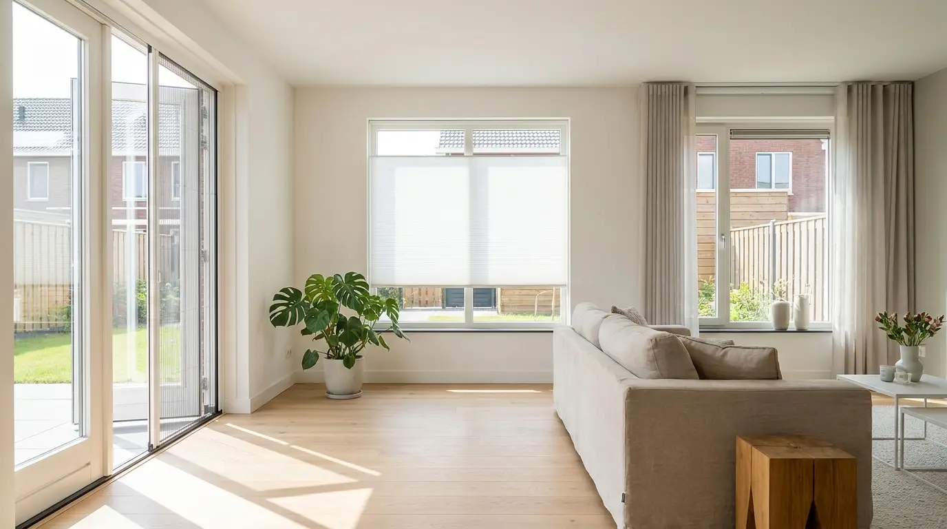 Woonkamer met hordeur, plisségordijn en slim gordijn