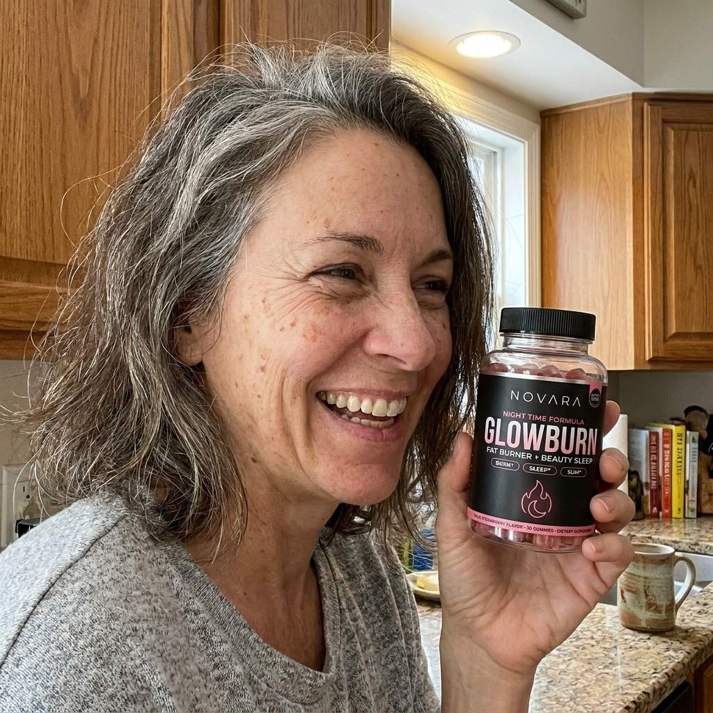 A woman holding GlowBurn nighttime fat burner gummies at home