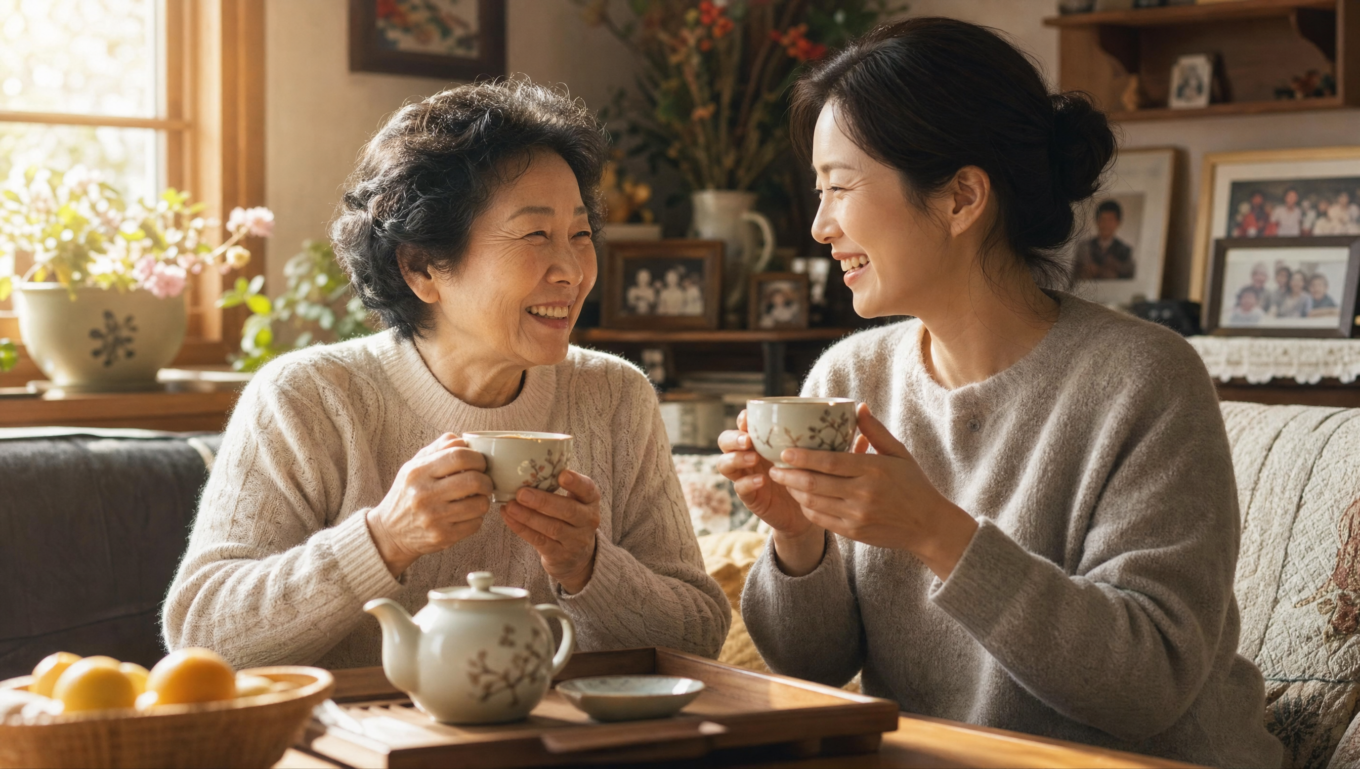 어르신과 따뜻하게 차를 나누며 이야기를 경청하는 참벗 동반자