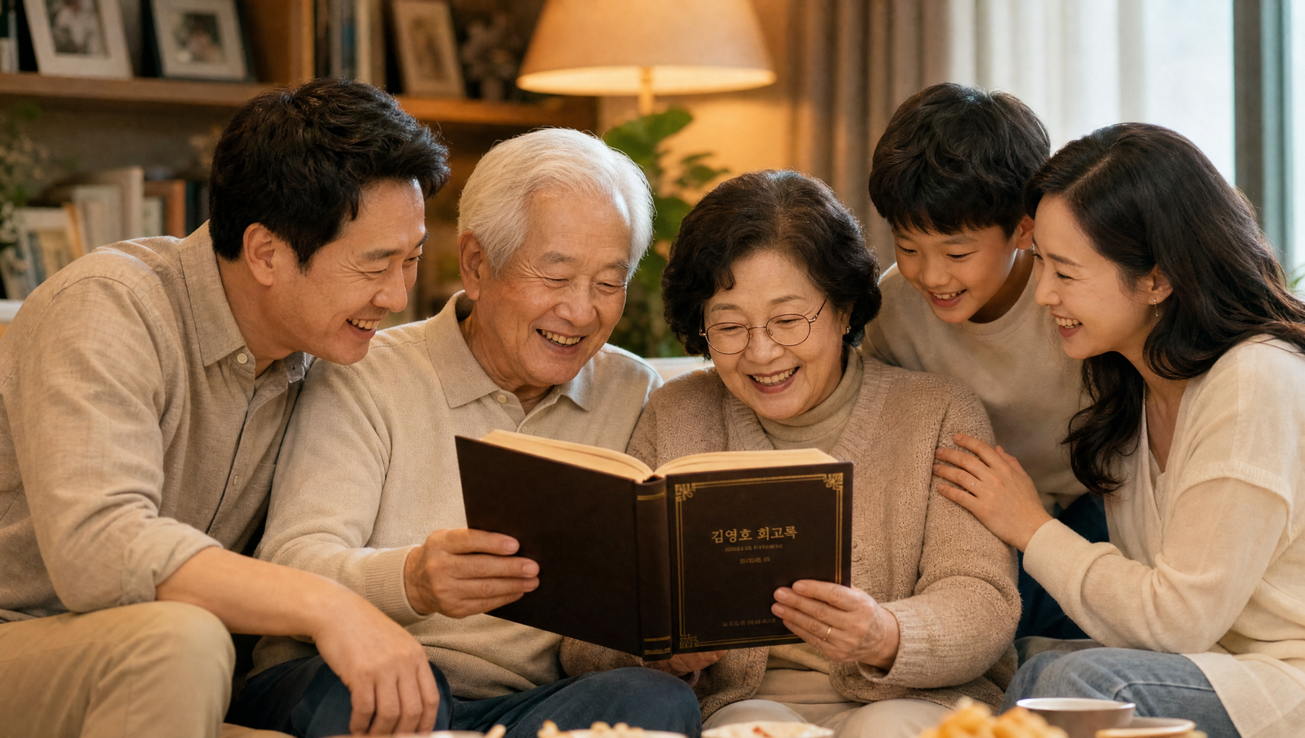 부모님의 완성된 자서전을 보며 행복해하는 한국인 가족
