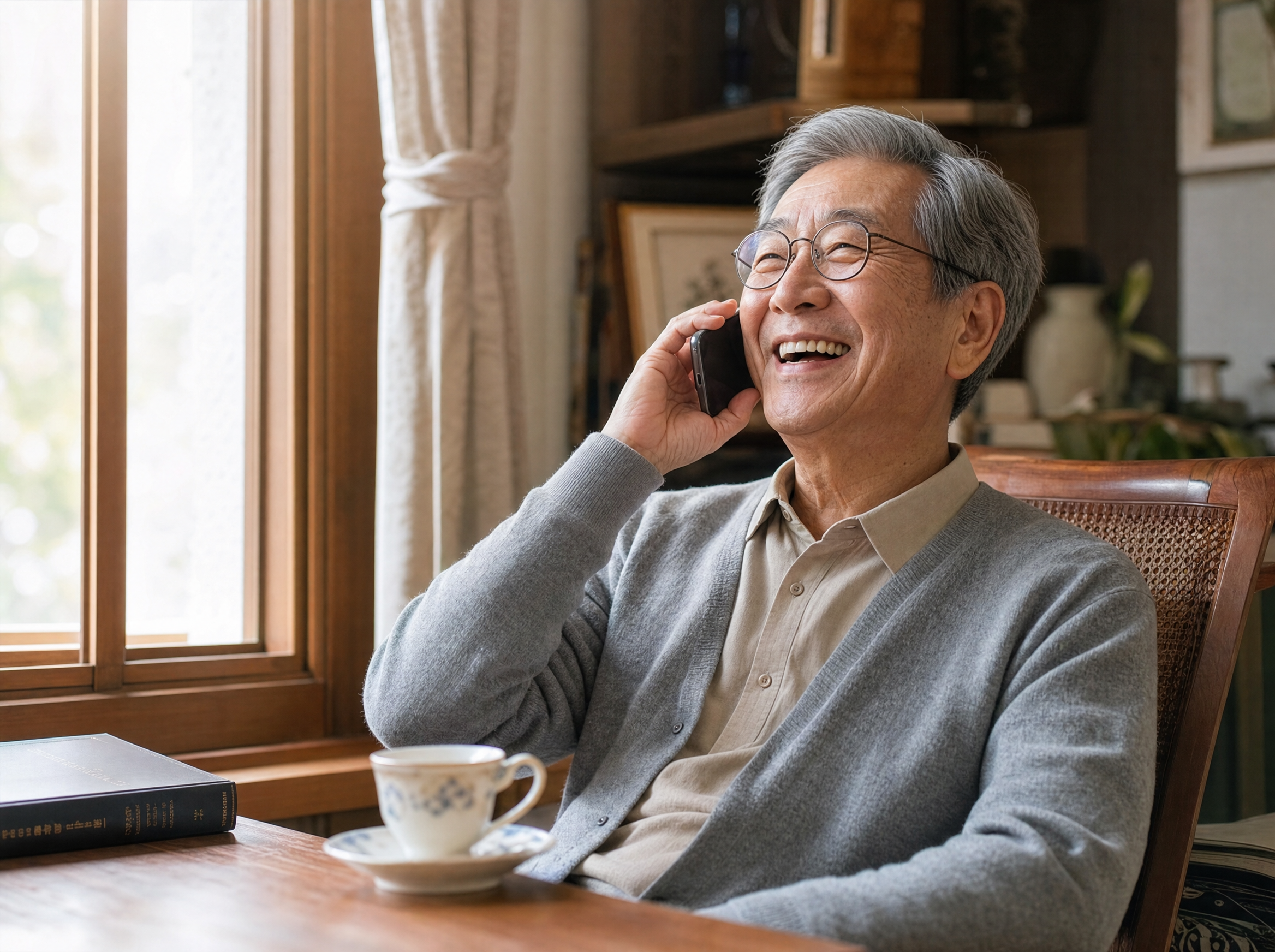 스마트폰 통화로 말동무를 얻고 웃는 한국인 할아버지