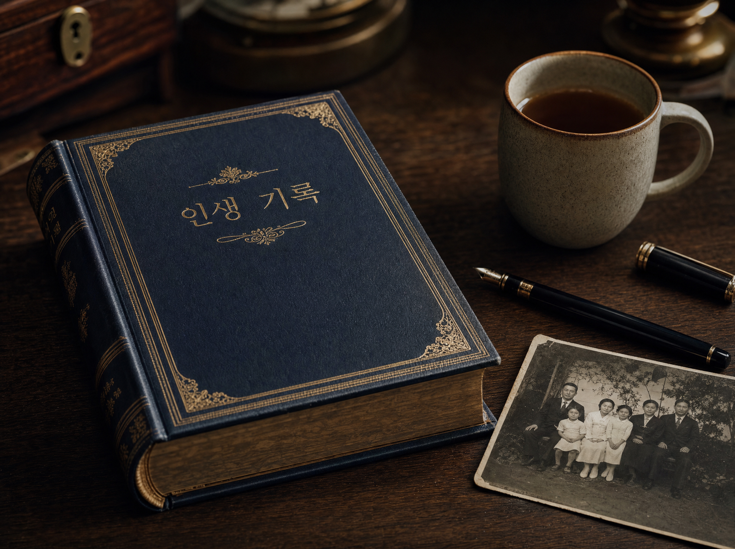 가죽 양장본 자서전과 다과, 만년필, 오랜 흑백사진이 놓인 고품격 책상