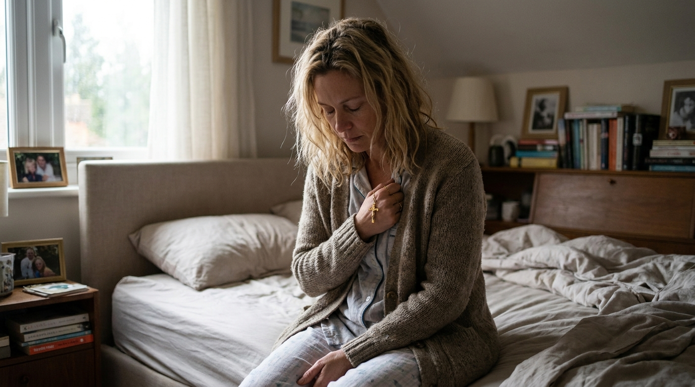 Vrouw raakt haar gouden kruisje aan