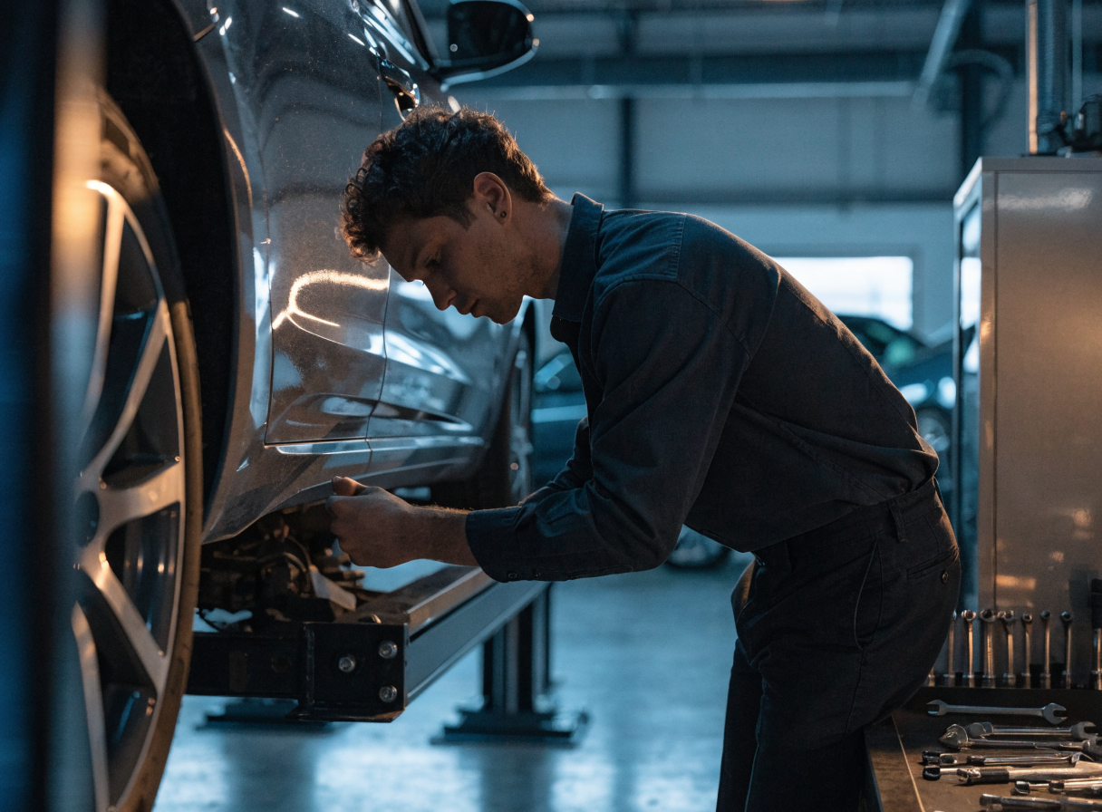Monteur aan het werk in de werkplaats van Amalia Automotive