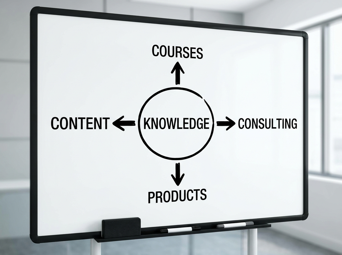 Professional whiteboard diagram showing knowledge at the center with income stream arrows pointing outward to courses, templates, licensing, and advisory retainers — a clean editorial illustration of passive income architecture for senior professionals