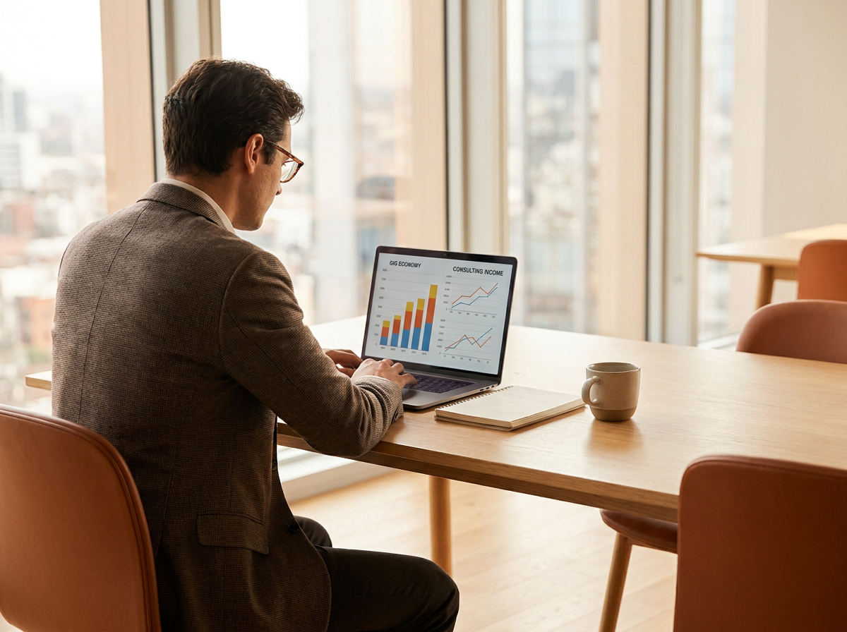 Professional reviewing income comparison data between gig work and structured consulting practice