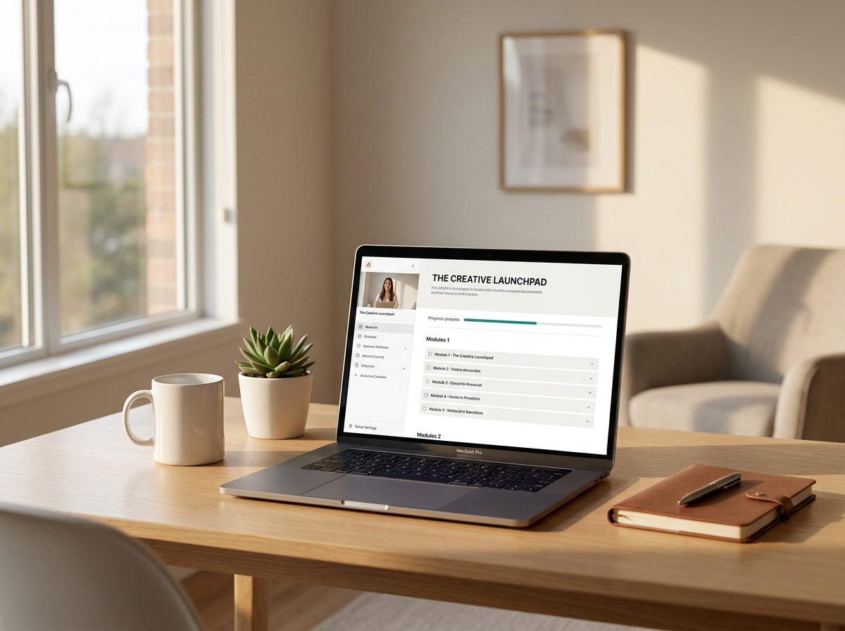 Professional reviewing online course platform on laptop in clean, minimal workspace — passive income from professional expertise