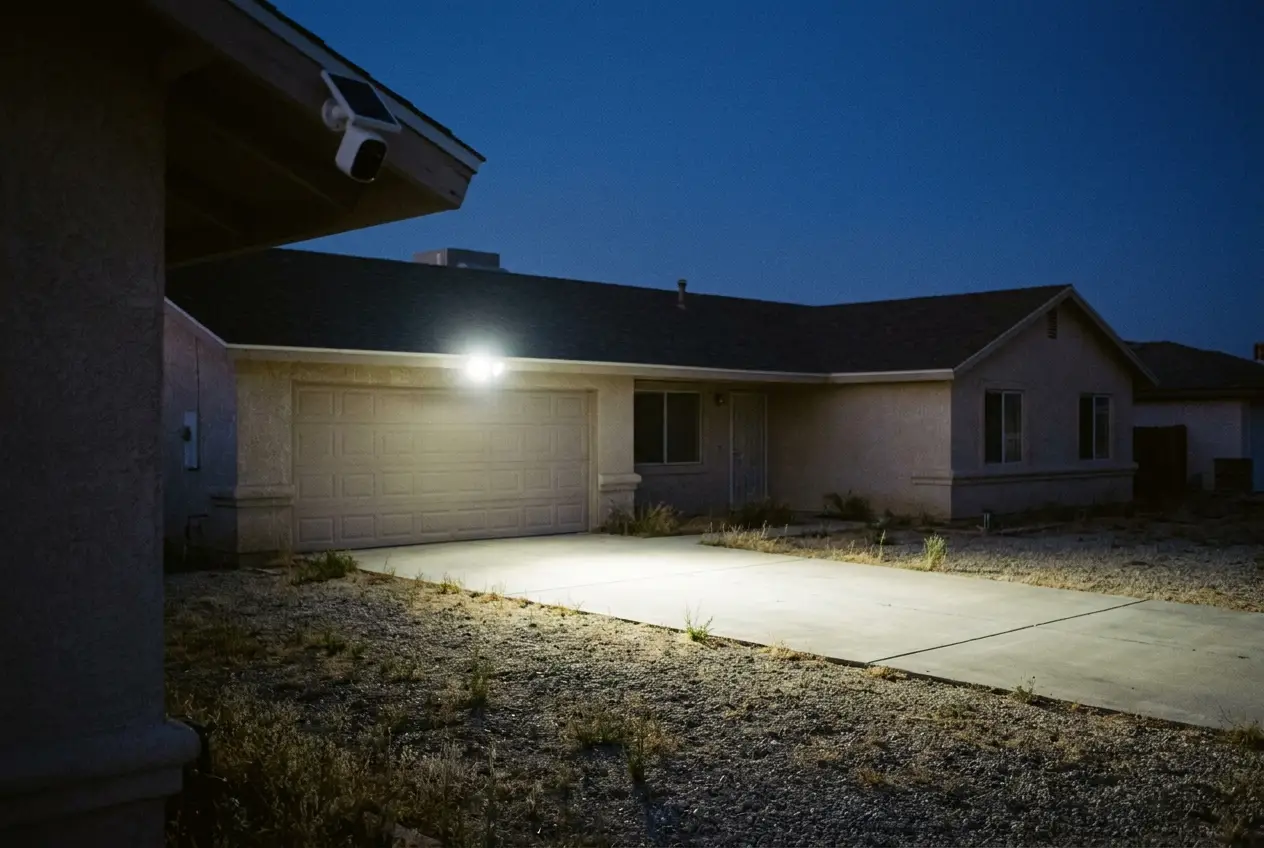 A vacant single-story house at dusk with a solar security camera under the eave and a floodlight on the driveway.