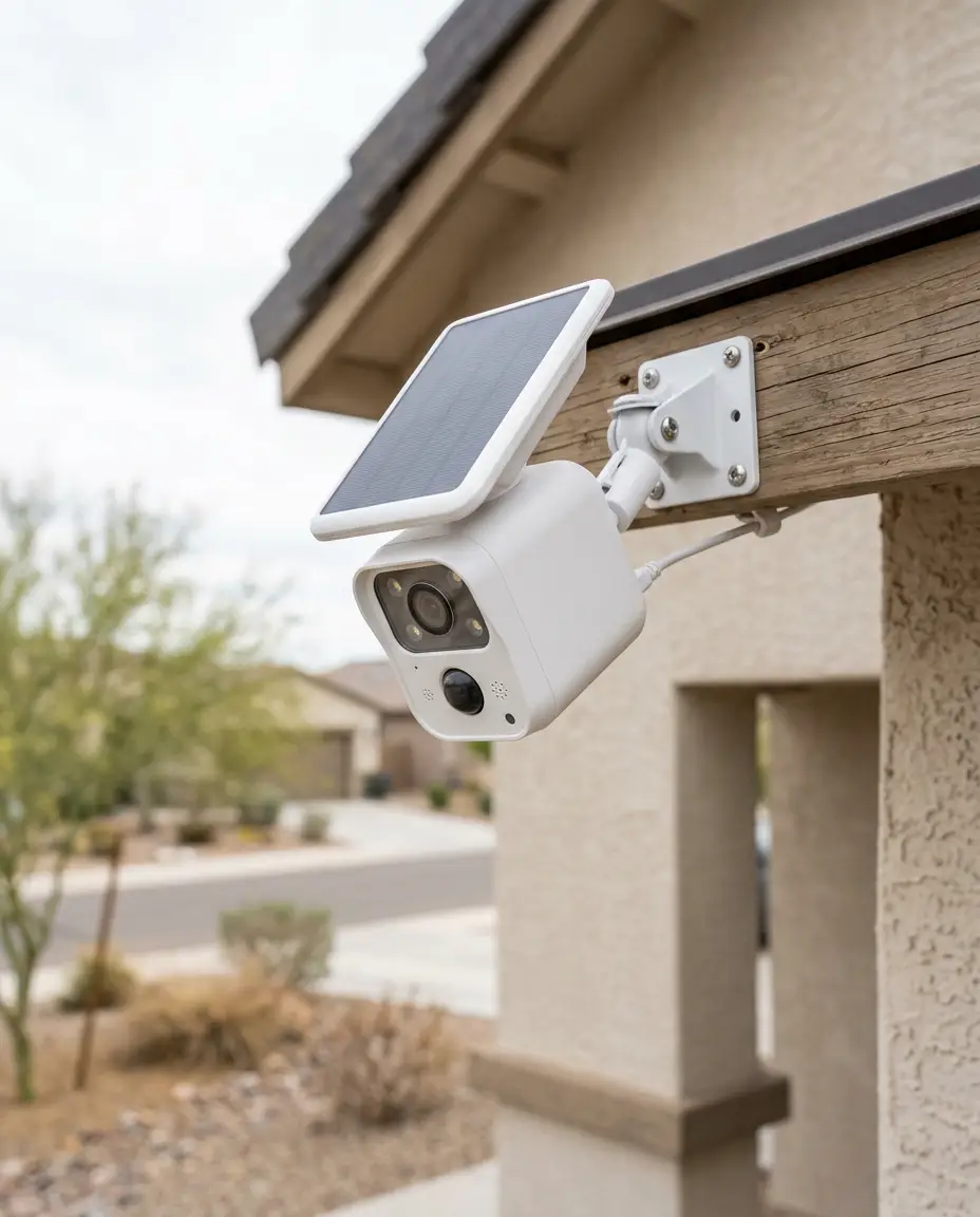 Close view of a solar-powered outdoor security camera mounted under a stucco house eave.