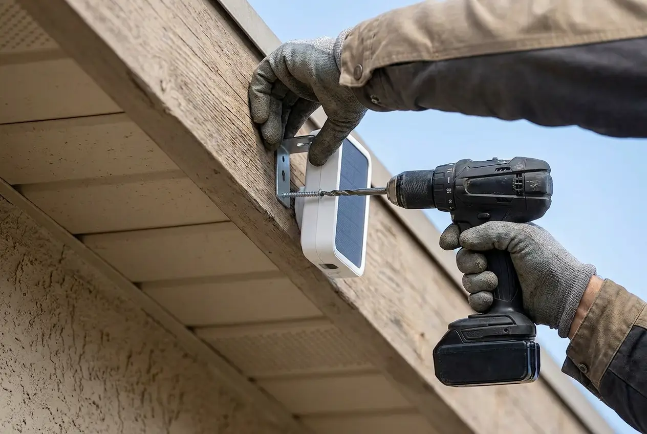 Gloved hands fastening a solar-powered security camera to the fascia under a house eave with a cordless drill.