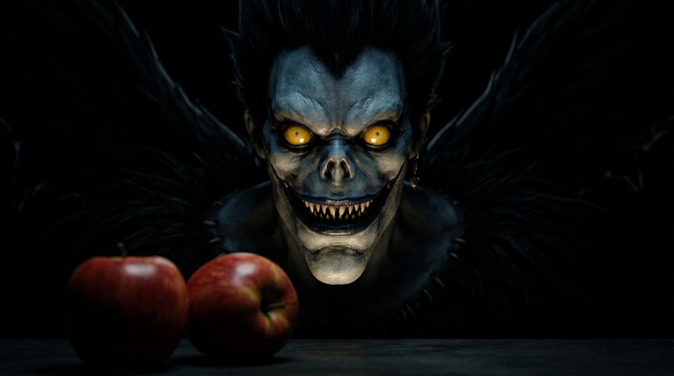 Ryuk shinigami Death Note portrait fond noir yeux jaunes