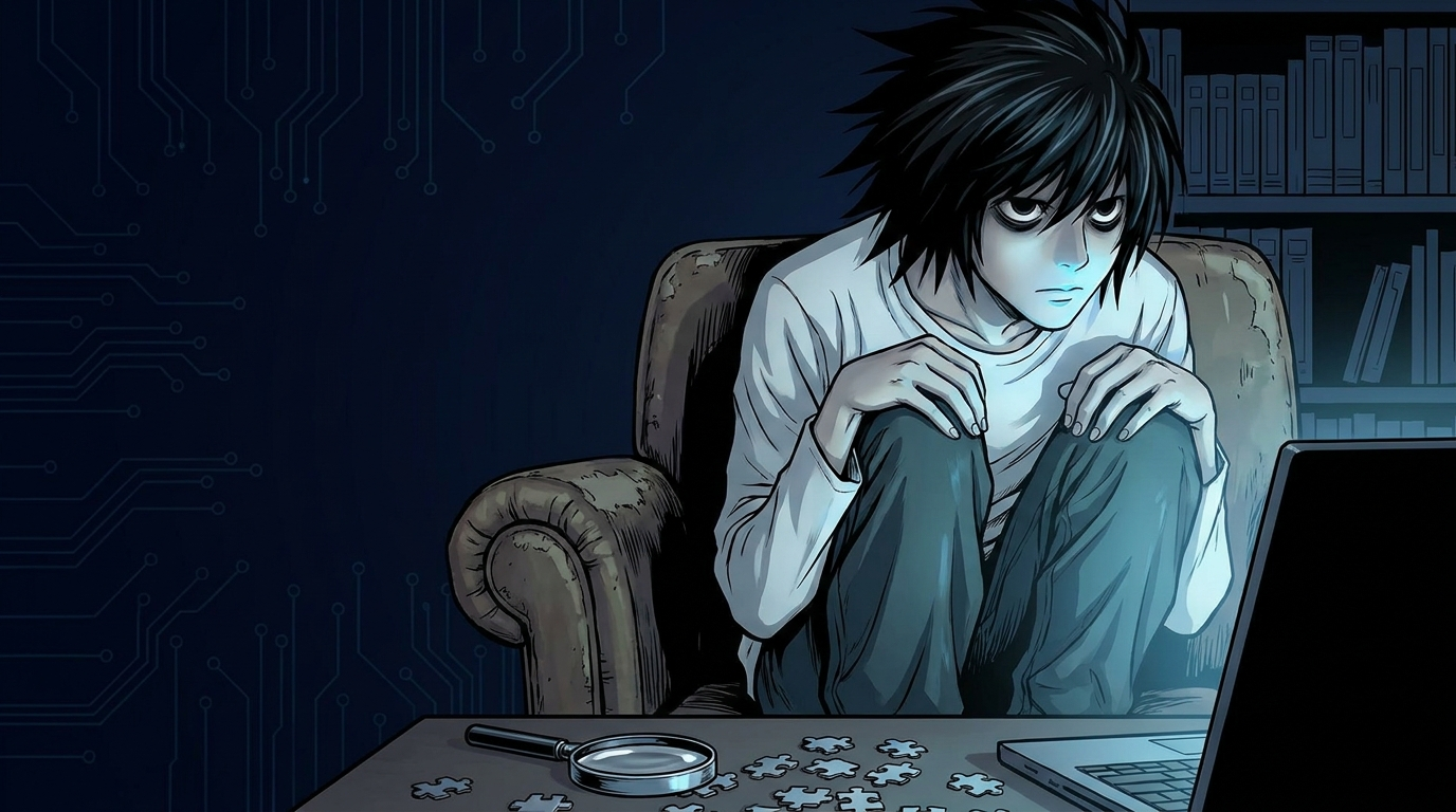 L Lawliet Death Note détective assis sucre fond bleu manga