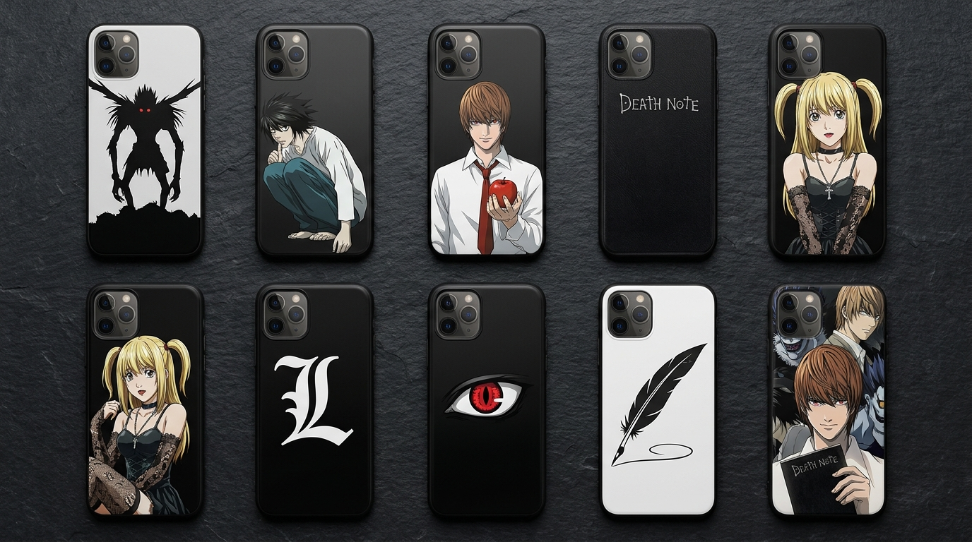Top 10 designs coques Death Note manga anime Ryuk L carnet flat lay