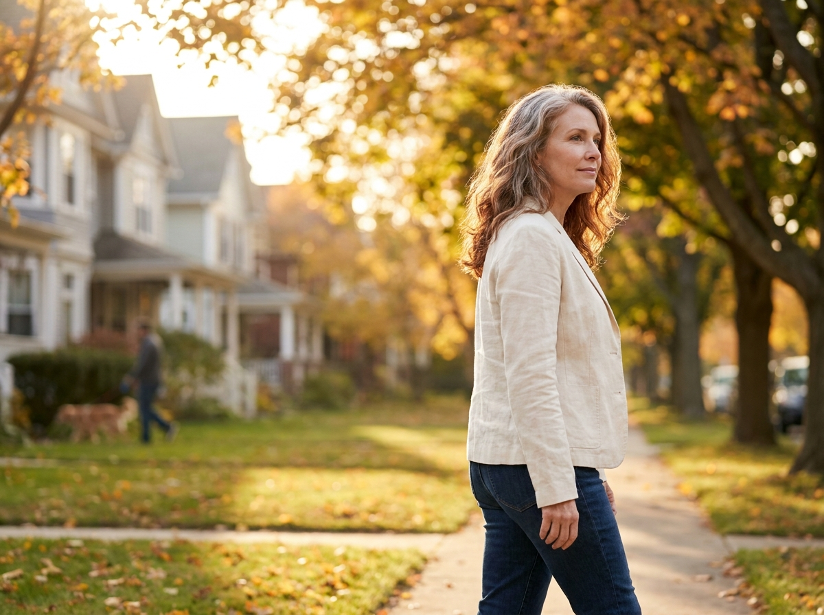 Woman in her 50s walking in morning light