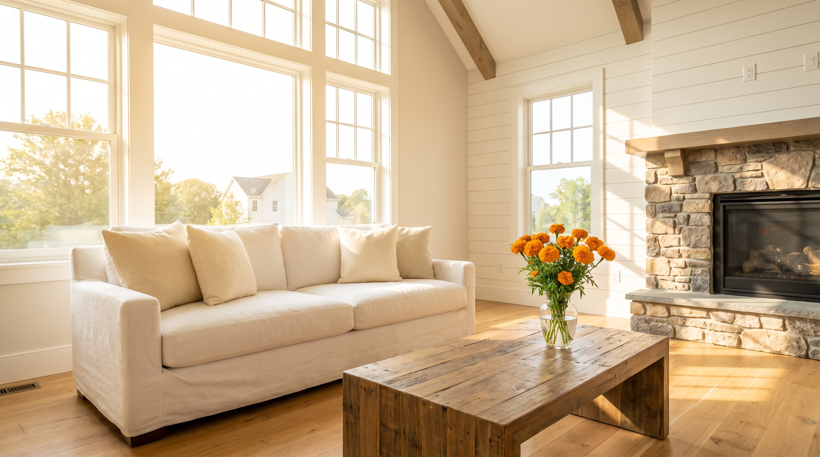 A spotless, sunlit living room after a Birch clean — fresh marigolds on the coffee table