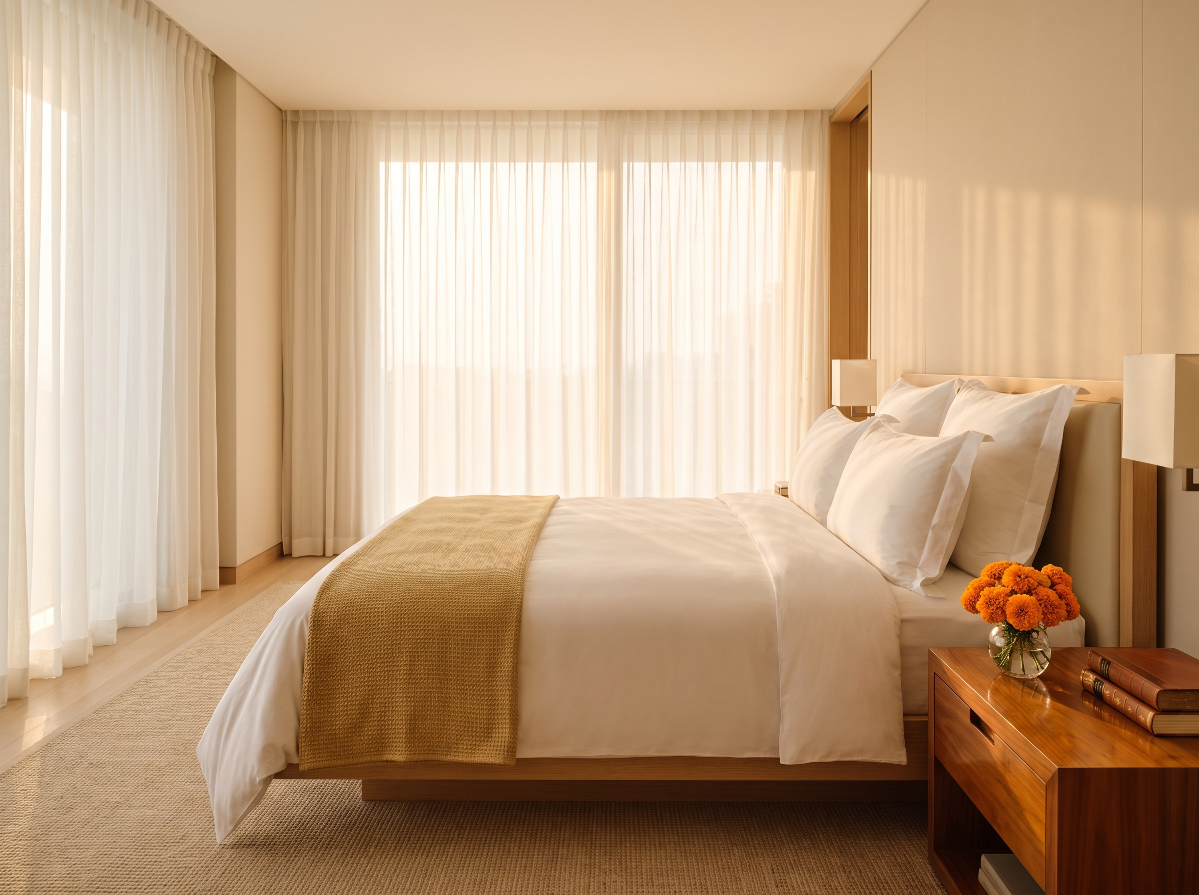 A freshly made bedroom kept at the deep-clean standard