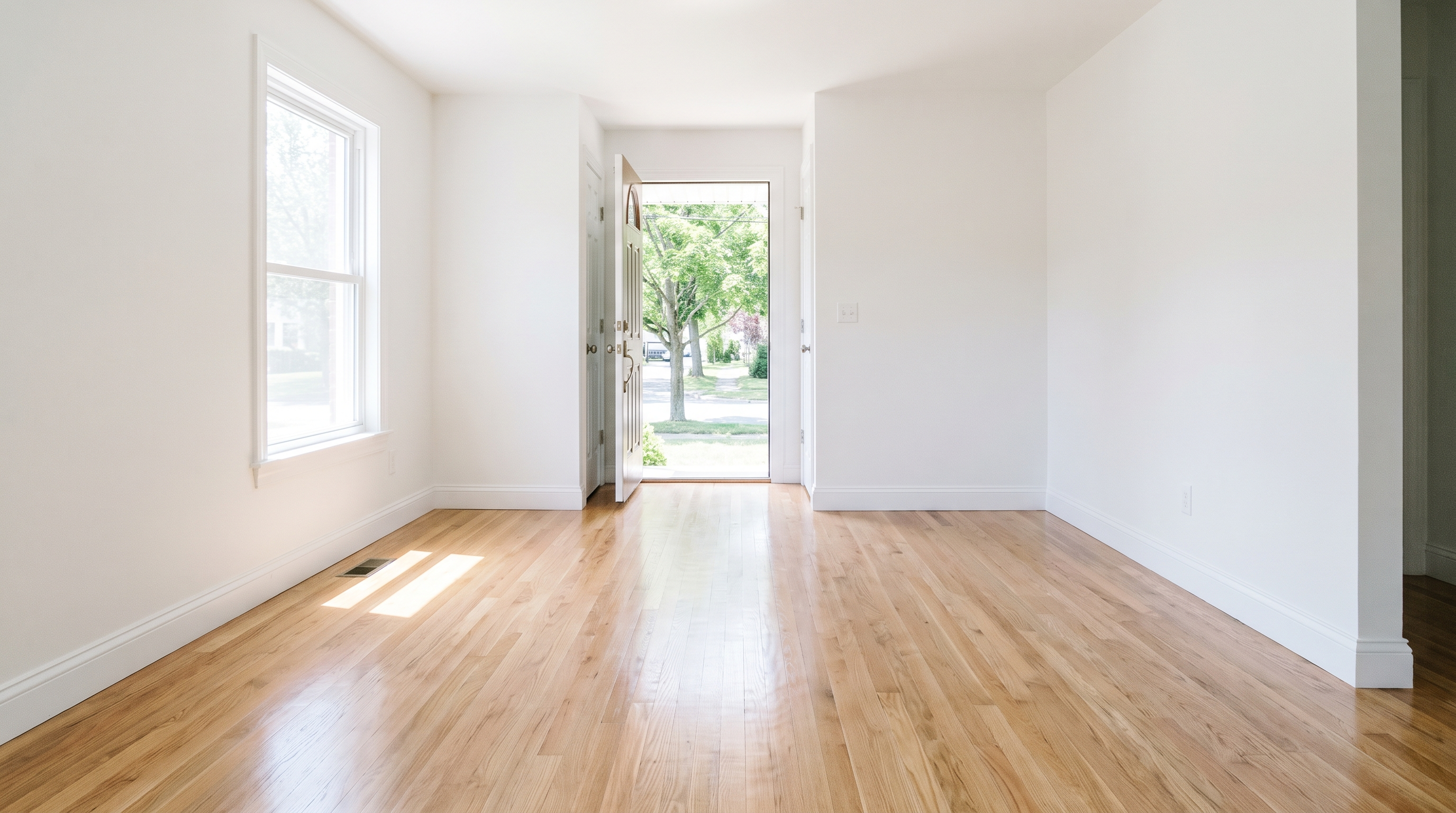 An empty room after a Birch move-out clean — floors gleaming, walkthrough-ready