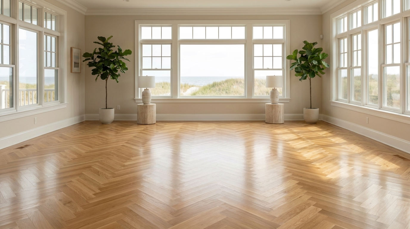 Finished herringbone hardwood floor after installation
