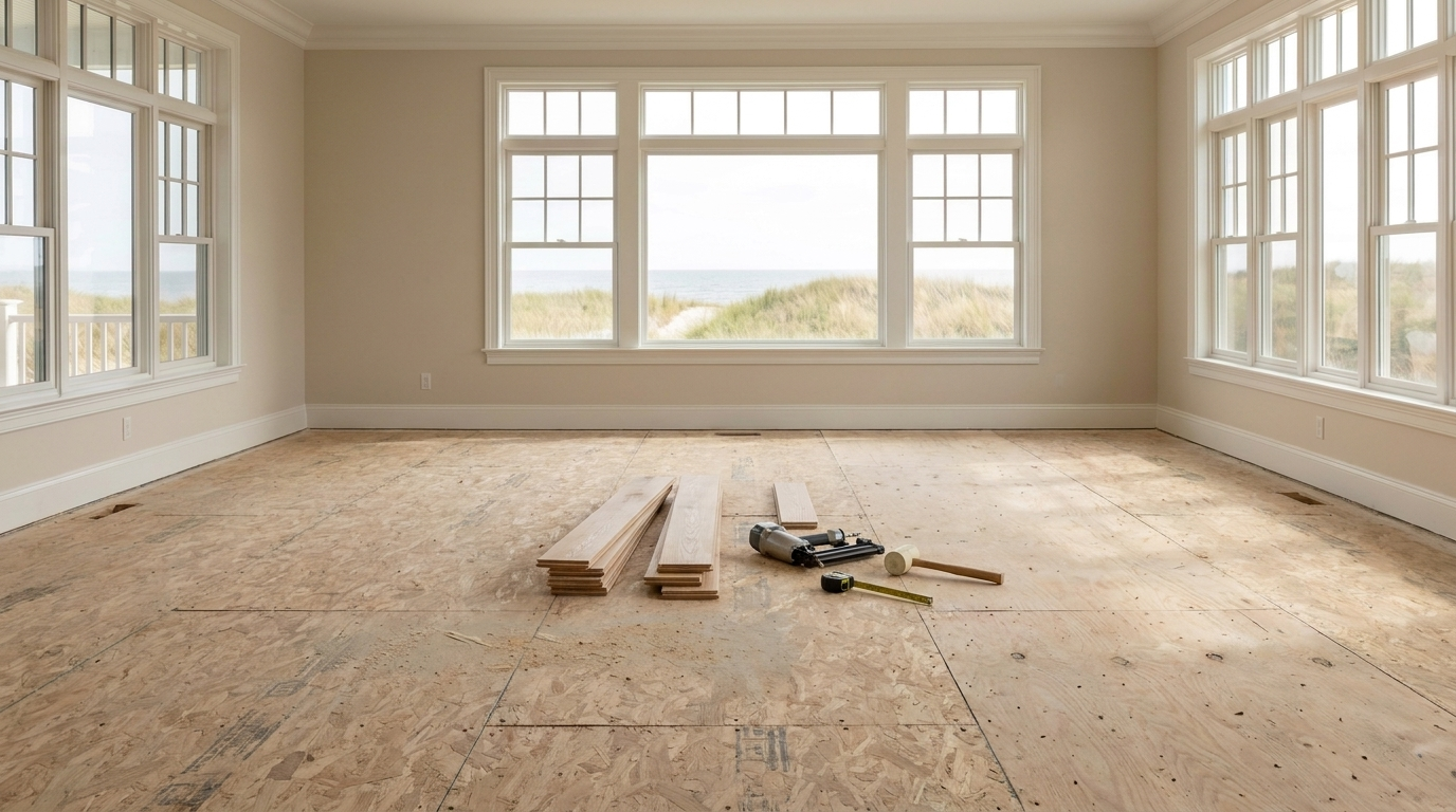 Bare subfloor in the same room before installation