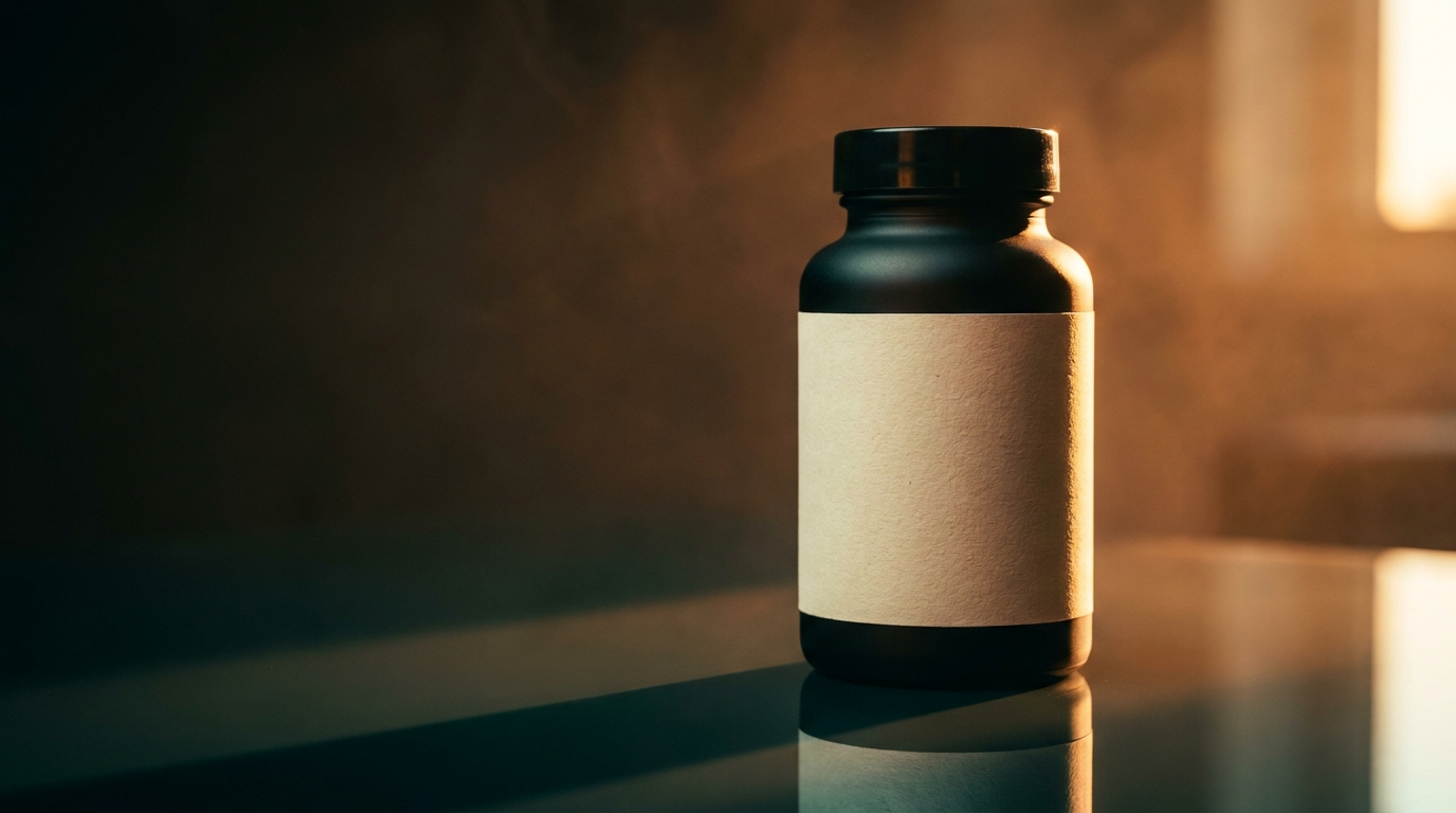 Matte black supplement bottle lit by warm rim light against a dark background