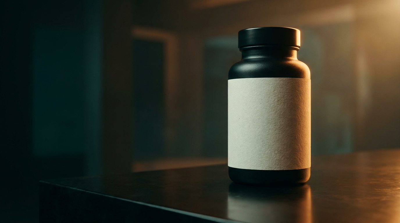 Supplement bottle in dramatic golden-hour light