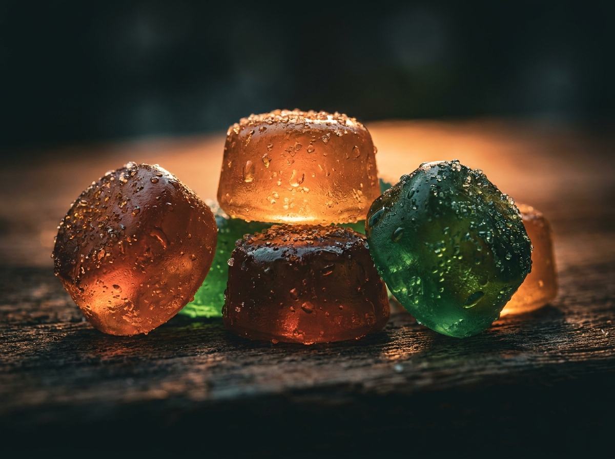 Close-up of glossy supplement gummies