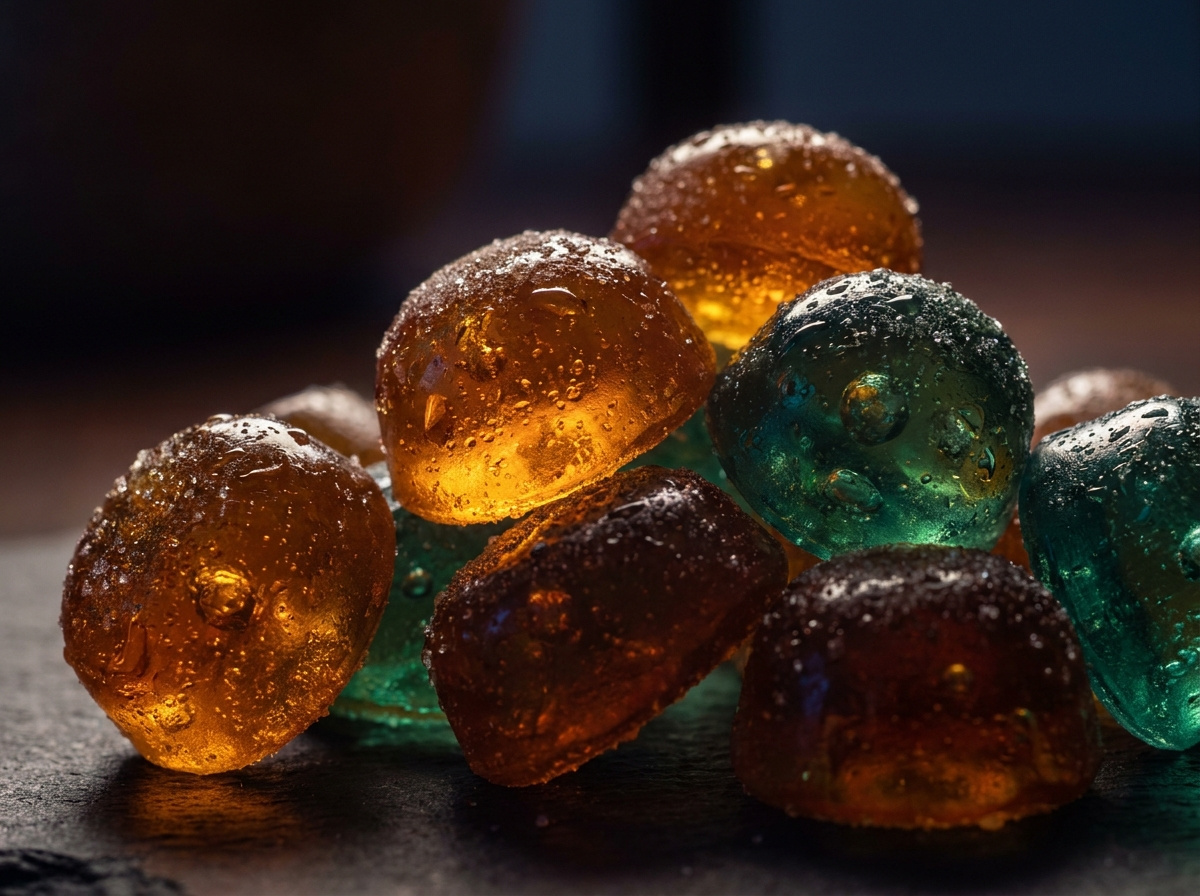 Backlit translucent supplement gummies in amber and emerald