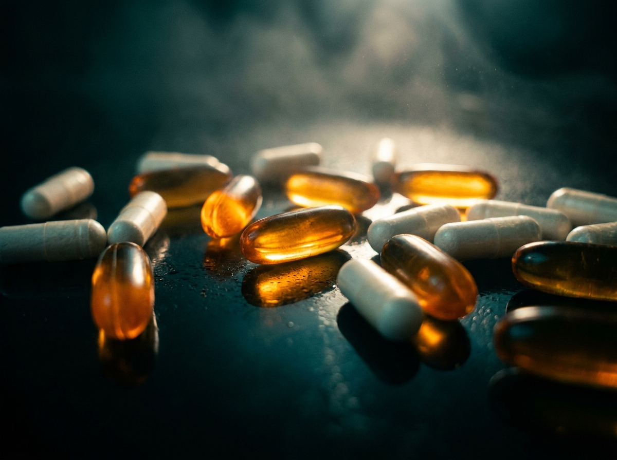 Amber capsules glowing on a dark reflective surface
