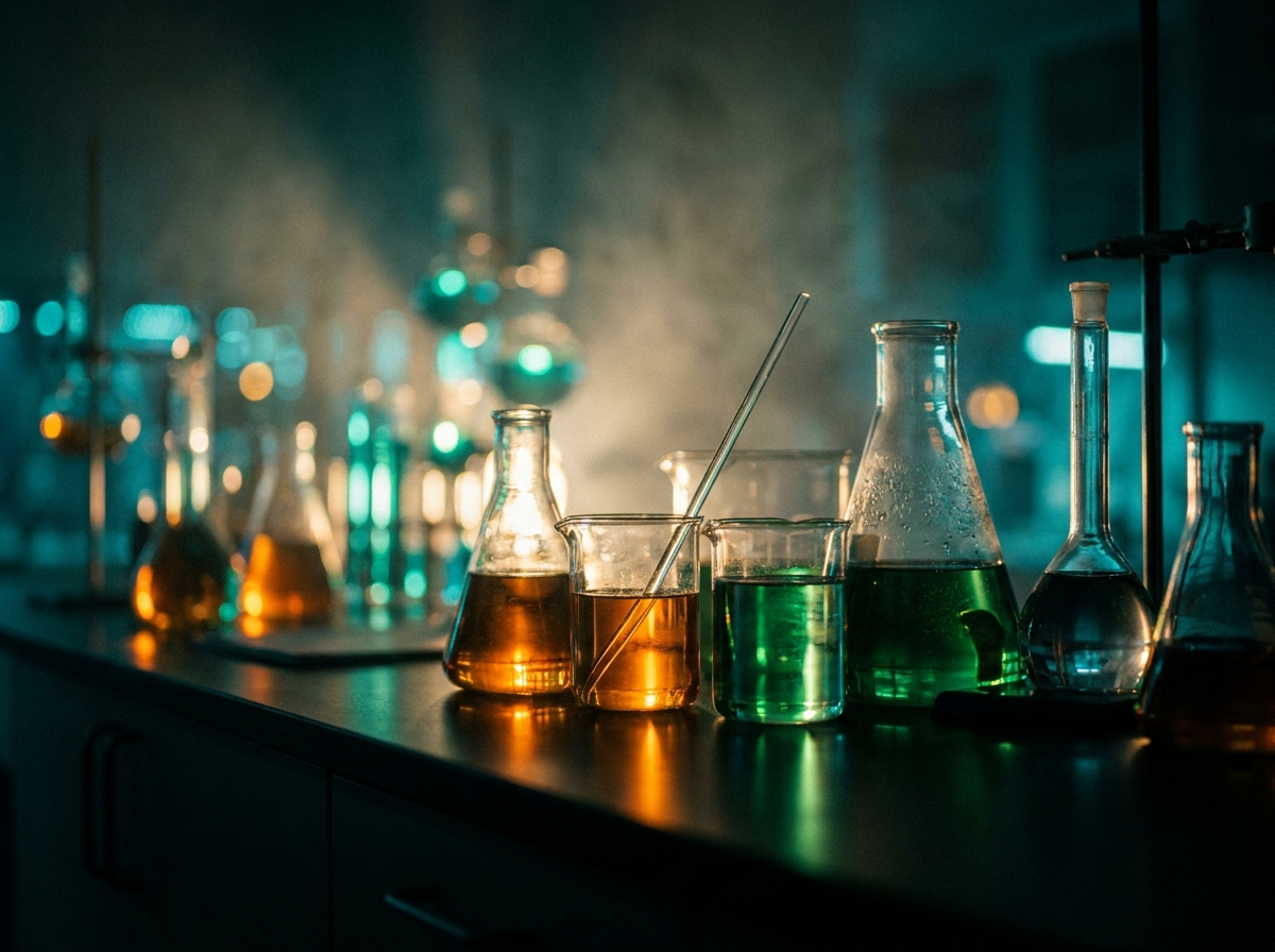 Laboratory glassware holding glowing amber and emerald liquids