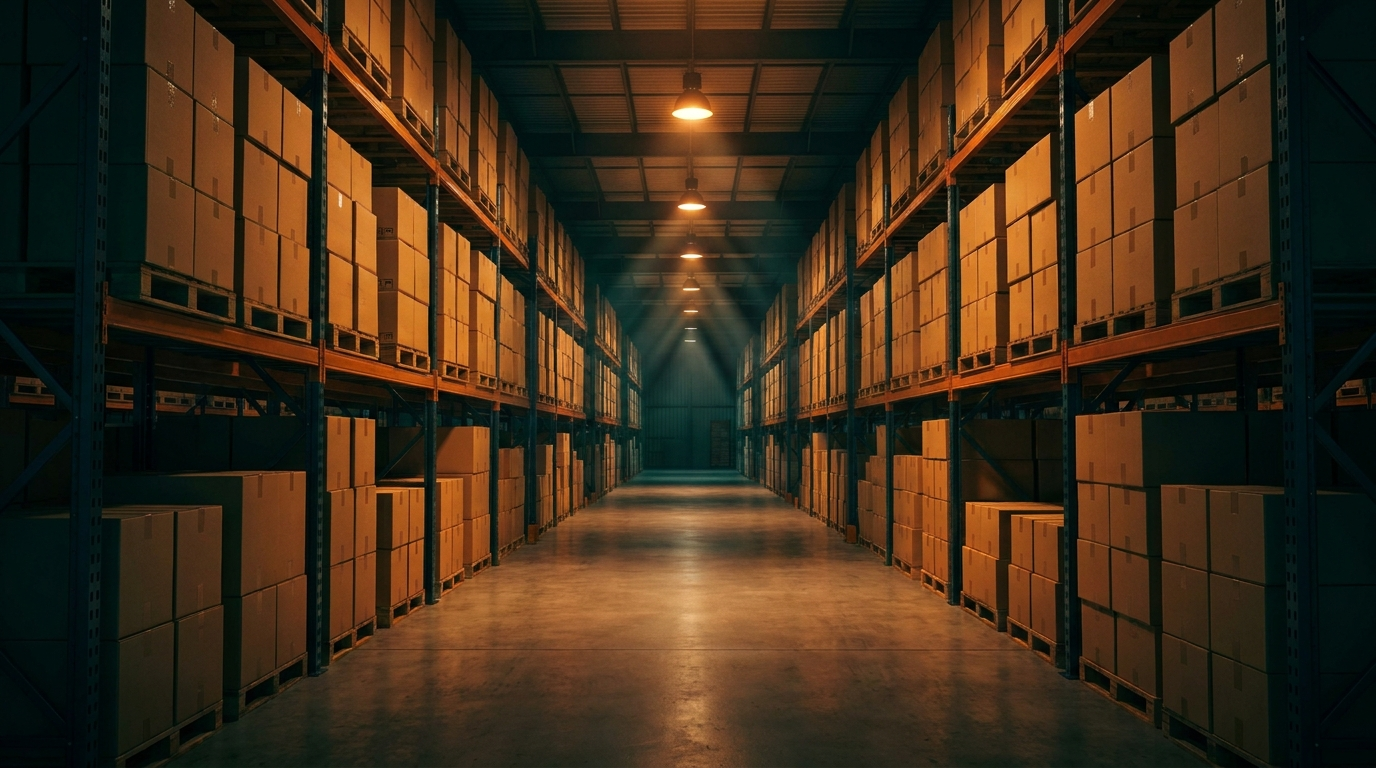Warehouse aisle stacked with shipping boxes